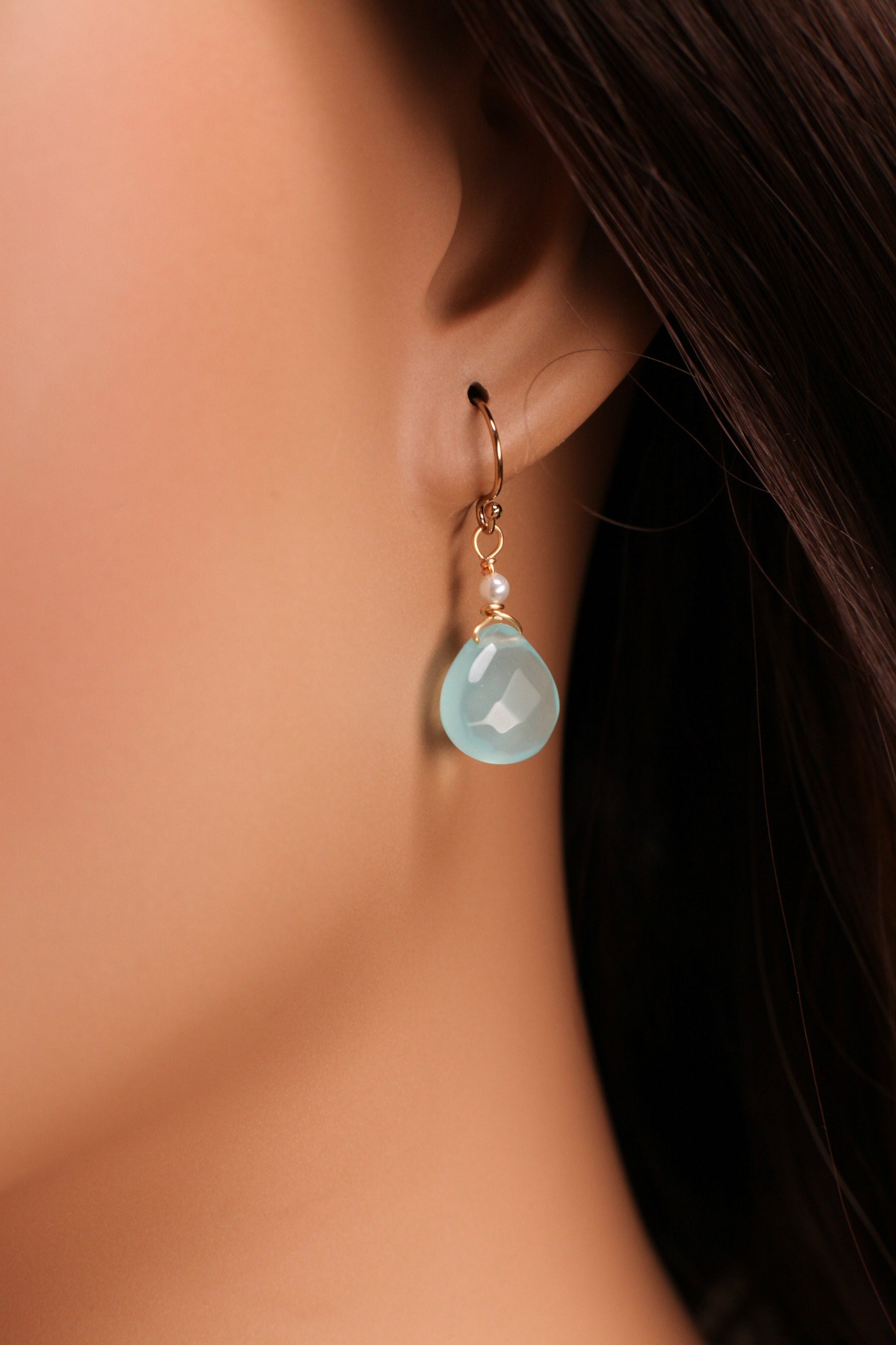 Chalcedony Faceted 11-12mm Heart Shape Teardrop Wire Wrapped with Freshwater Pearl in 14K Gold Filled Earwire,or Leverback Earrings gift