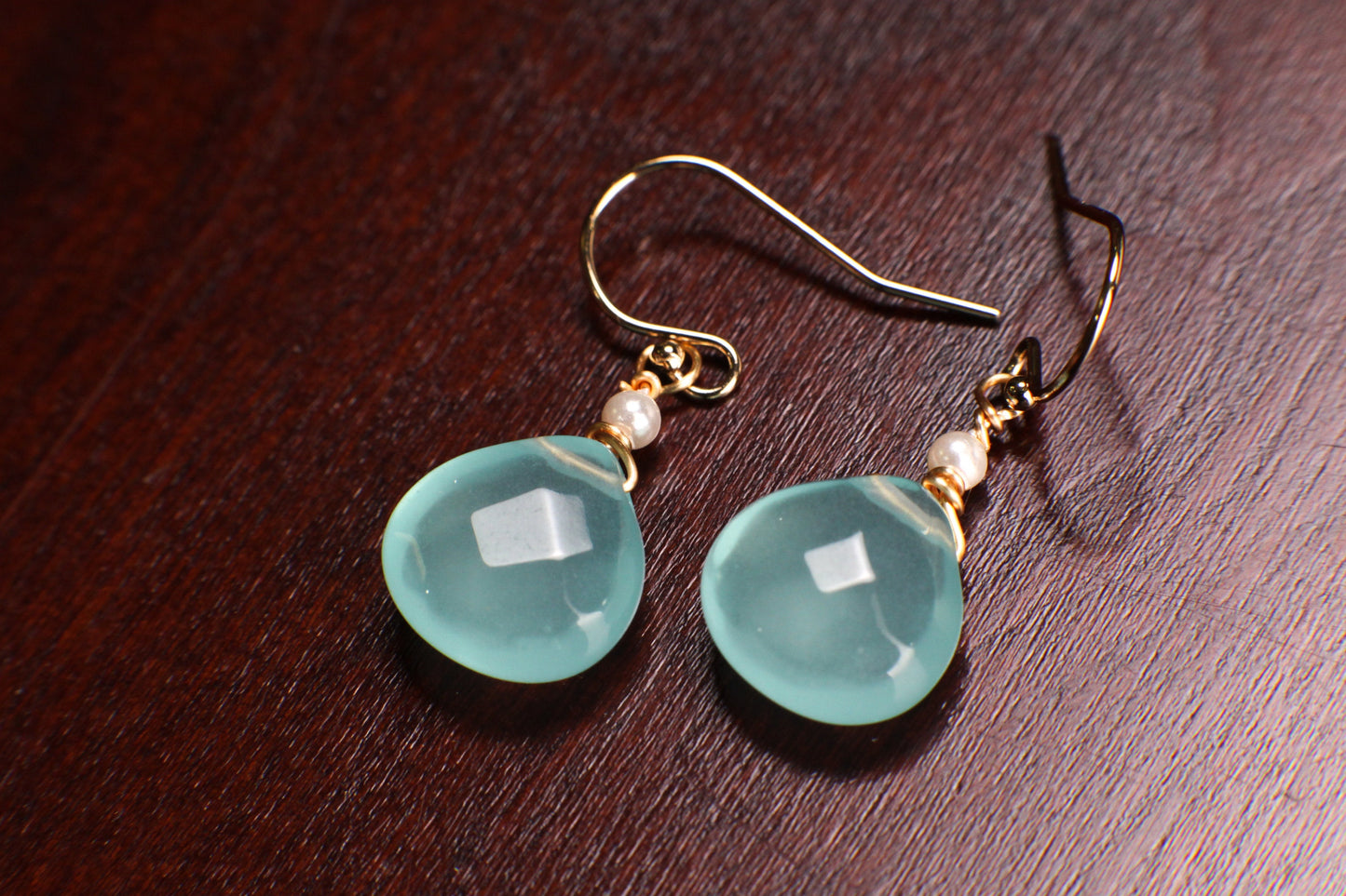 Chalcedony Faceted 11-12mm Heart Shape Teardrop Wire Wrapped with Freshwater Pearl in 14K Gold Filled Earwire,or Leverback Earrings gift