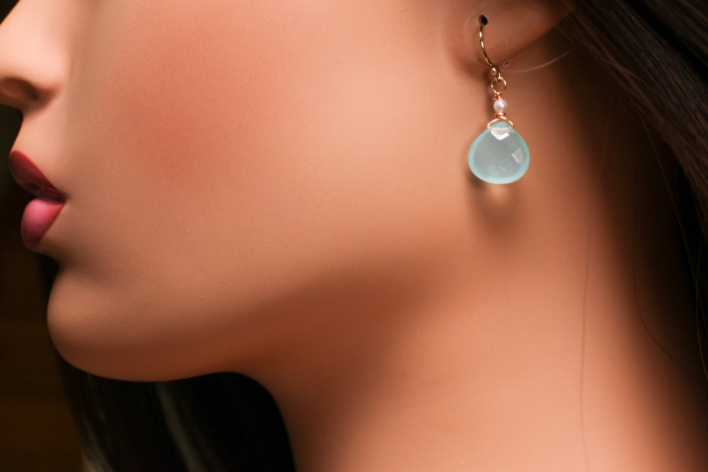Chalcedony 11-12mm Heart Shape Teardrop Wire Wrapped with Freshwater Pearl in 925 Sterling Silver, 14K Gold Filled Earwire,or Leverback