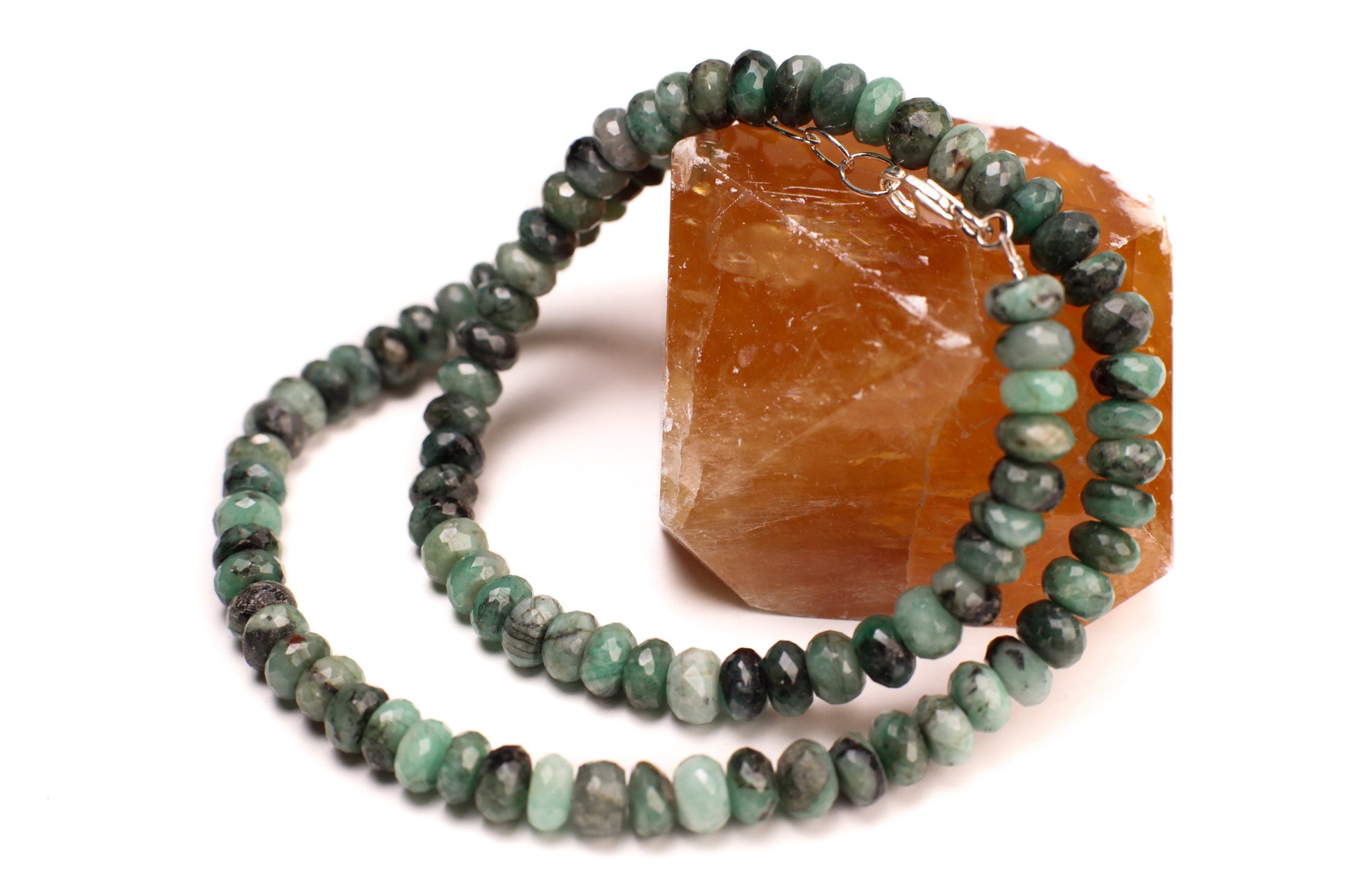 Natural Emerald Ombre 6-7mm Faceted Rondelle with 925 Sterling Silver Necklace, Energy Chakra Yoga Gift.