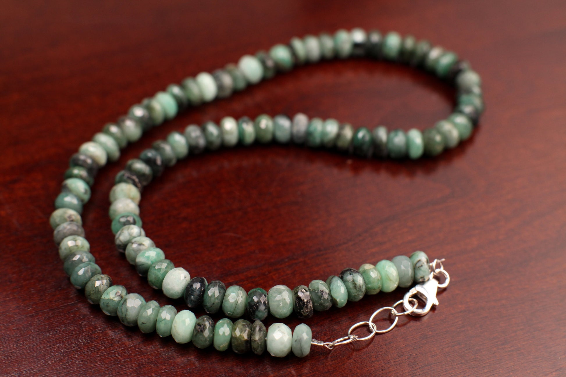 Natural Emerald Ombre 6-7mm Faceted Rondelle with 925 Sterling Silver Necklace, Energy Chakra Yoga Gift.