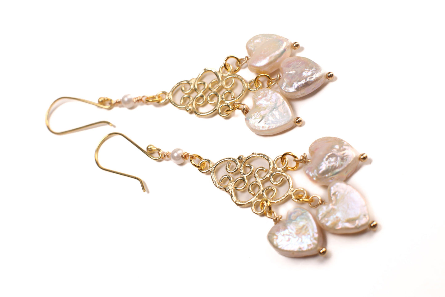 Freshwater Pearl 10-11mm Heart shape Pearl Dangling Chandelier Gold Over Sterling Silver Vermeil Hook Earwire,22k gold vermeil hook Earrings