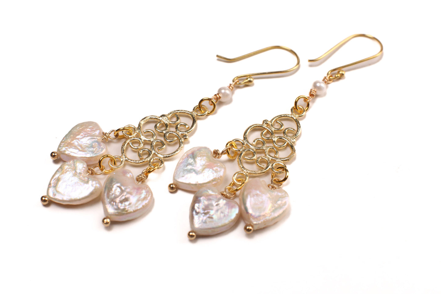 Freshwater Pearl 10-11mm Heart shape Pearl Dangling Chandelier Gold Over Sterling Silver Vermeil Hook Earwire,22k gold vermeil hook Earrings