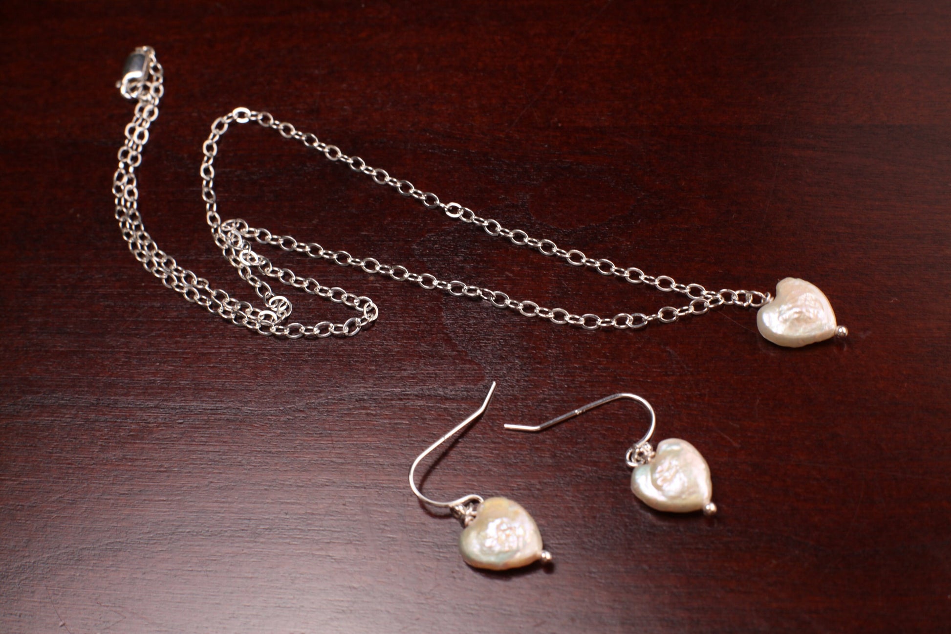 Natural Freshwater Heart shape Pearl White High Luster Pendant Necklace, Earrings Jewelry set in 925 Sterling Silver