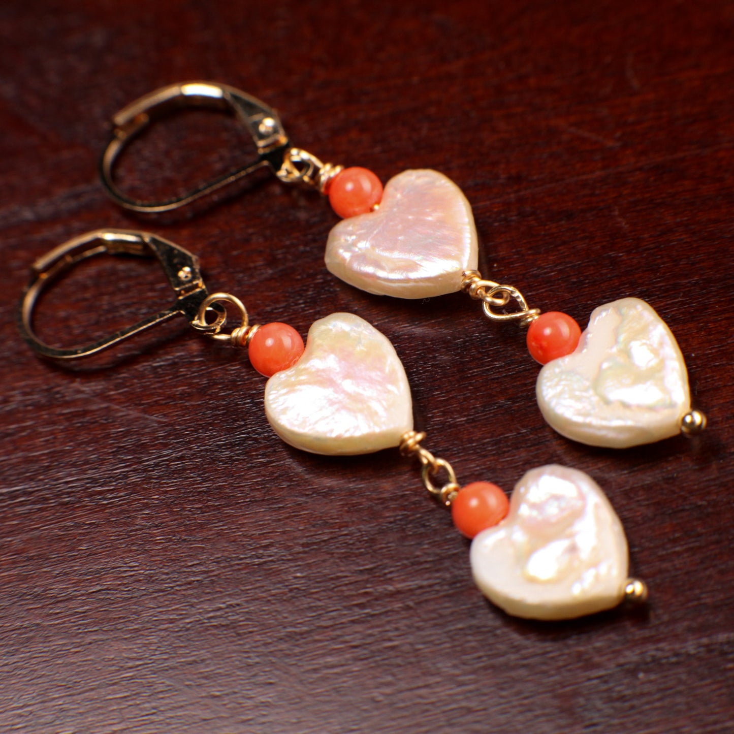 Freshwater Pearl 10-11mm Heart shape Pearl Dangling Bamboo Pink Coral Spacer Beads in 14K Gold Filled Leverback Earrings