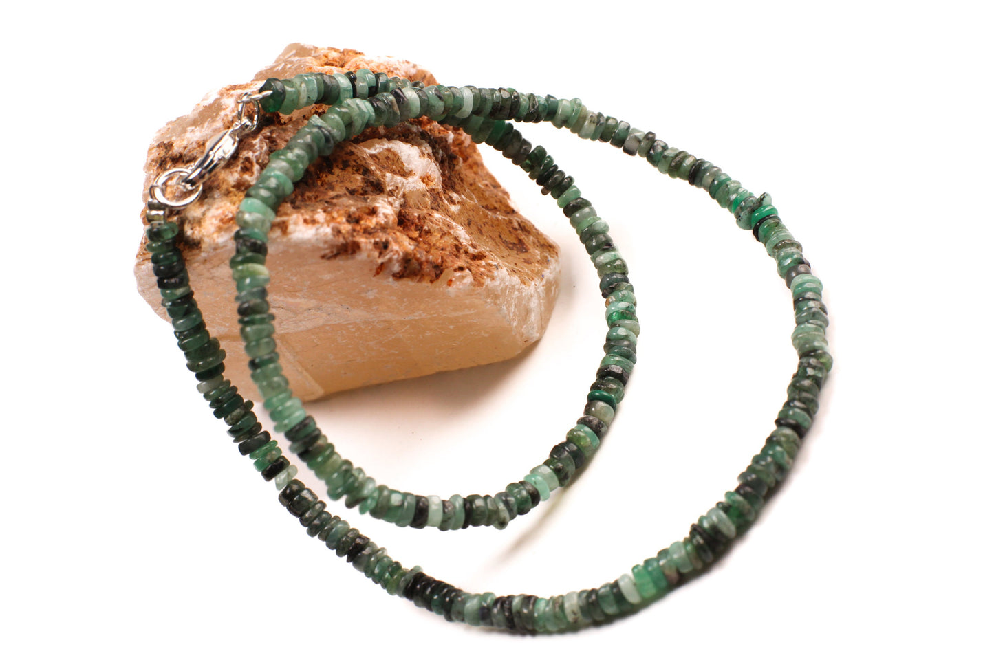 Natural Emerald 4mm Heishi Necklace Silver lobster clasp, May Birthstone, Men and Women gifts