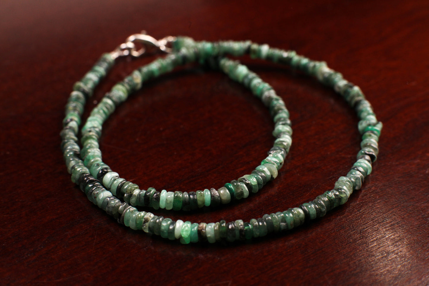 Natural Emerald 4mm Heishi Necklace Silver lobster clasp, May Birthstone, Men and Women gifts