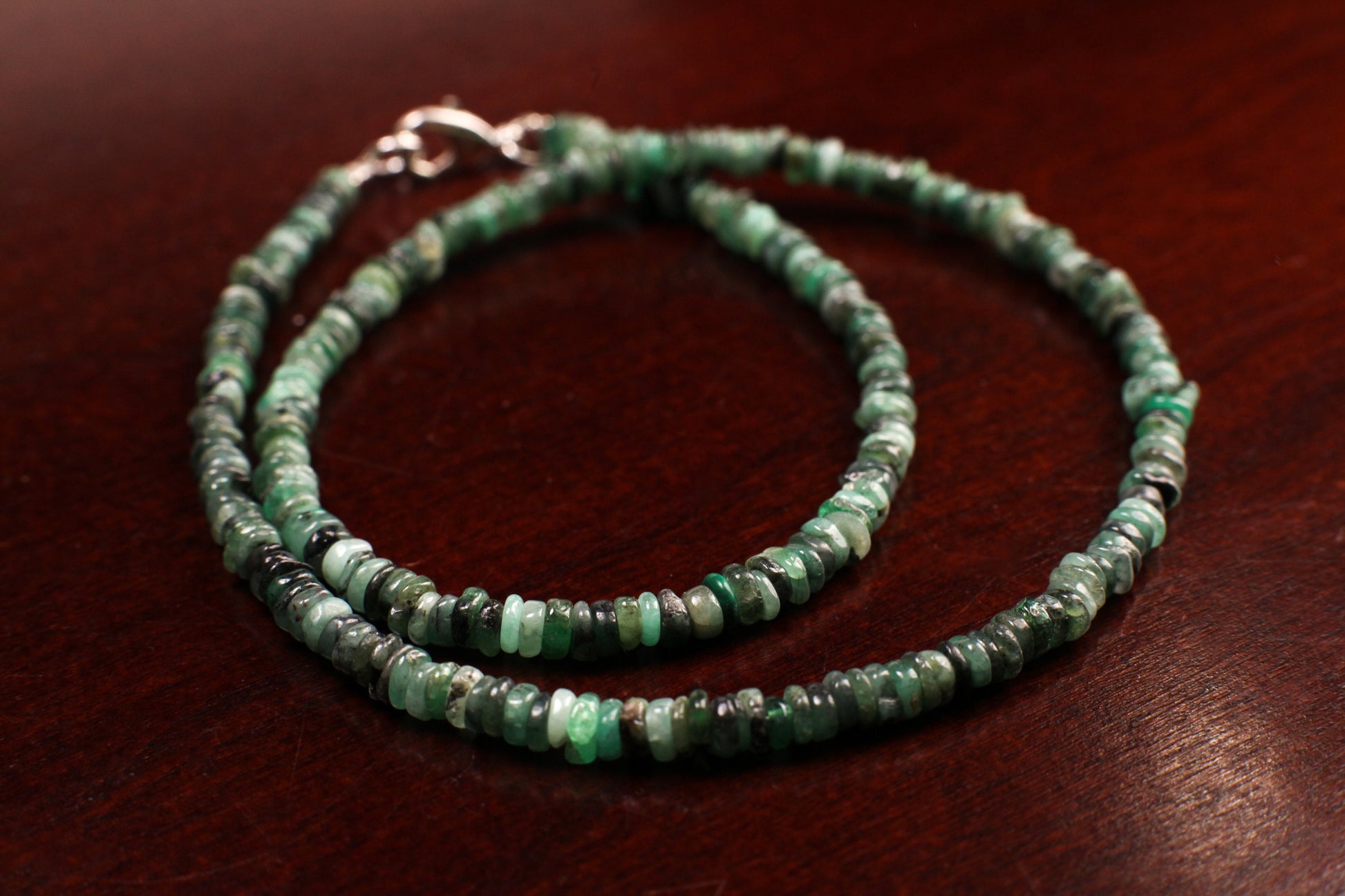 Natural Emerald 4mm Heishi Necklace Silver lobster clasp, May Birthstone, Men and Women gifts