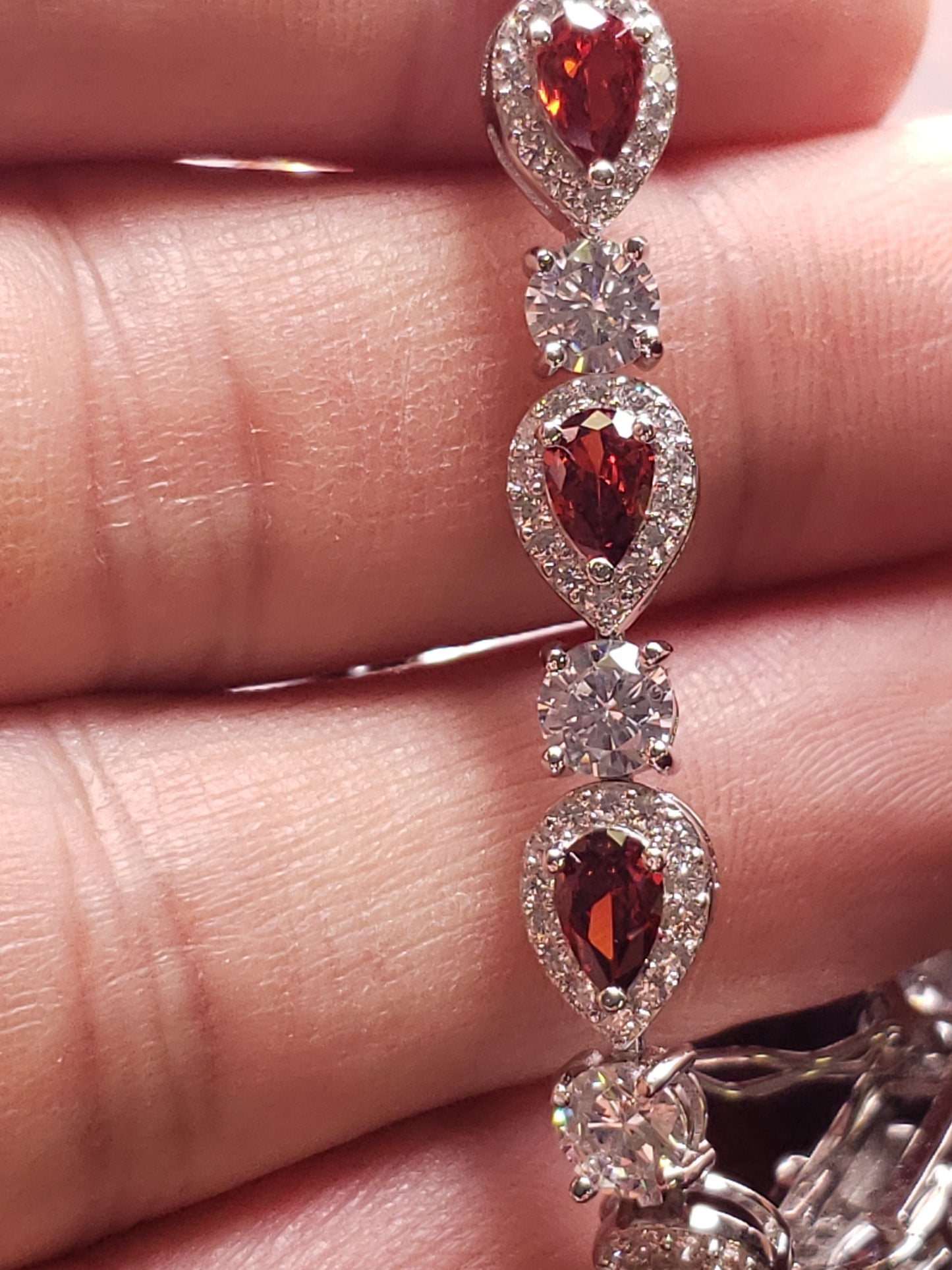 Garnet Teardrop shape Prong Setting CZ Diamond 925 Sterling Silver Tennis Bracelet with double Safety Lock 7.5"