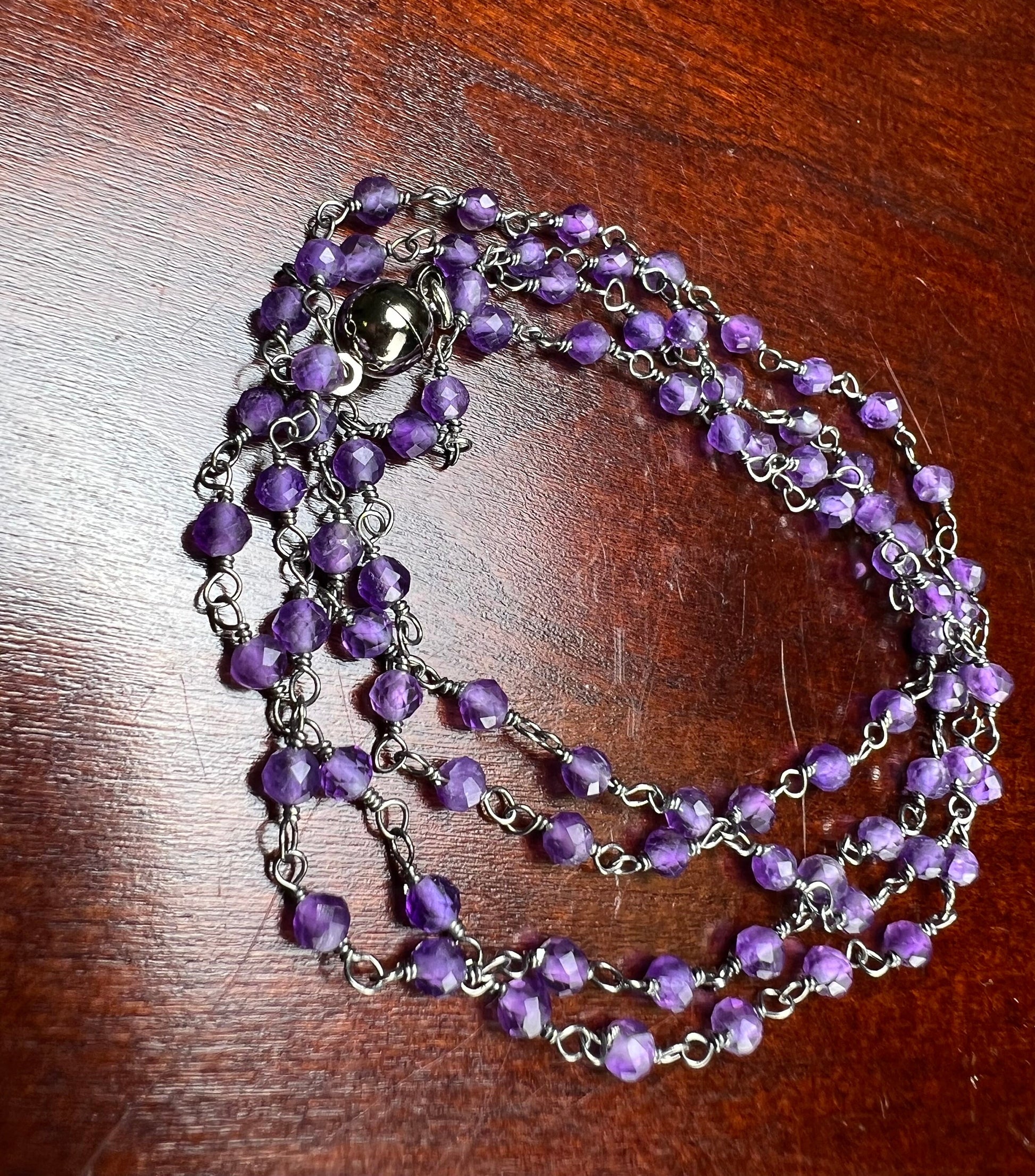 Natural Amethyst 3- 3.5mm faceted rosary chain black oxidized wire wrapped wrap around bracelet or necklace with small mag clasp