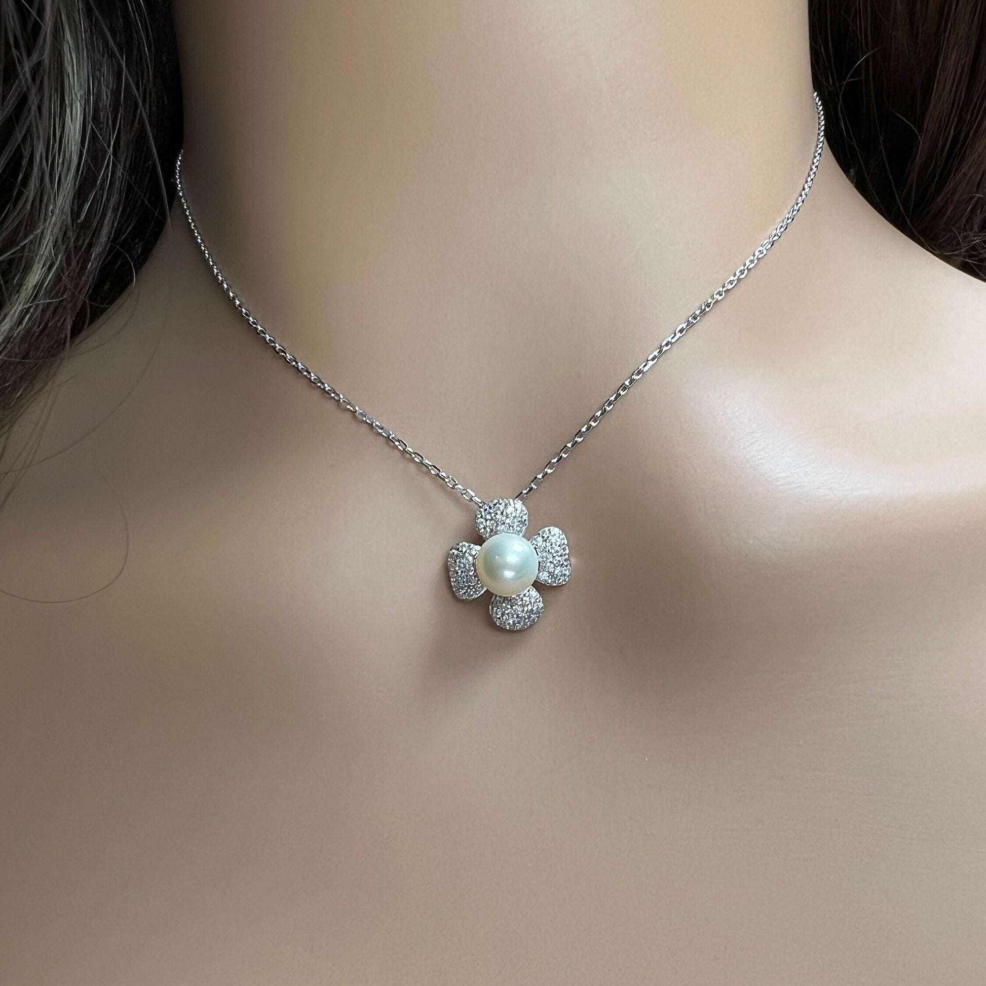 925 Sterling Silver CZ Diamond freshwater Pearl flower pendant with Sterling Silver Chain Necklace gift ,925 stamped 16” extend to 18”