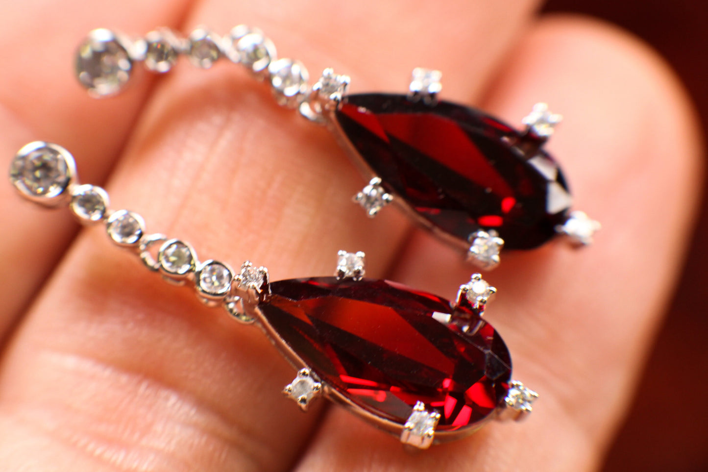 Genuine Garnet Merlot Red Long Teardrop 10x19mm prong setting with Cubic Zirconia Post Earrings, Bridal, Boho, valentines Holiday Gift,