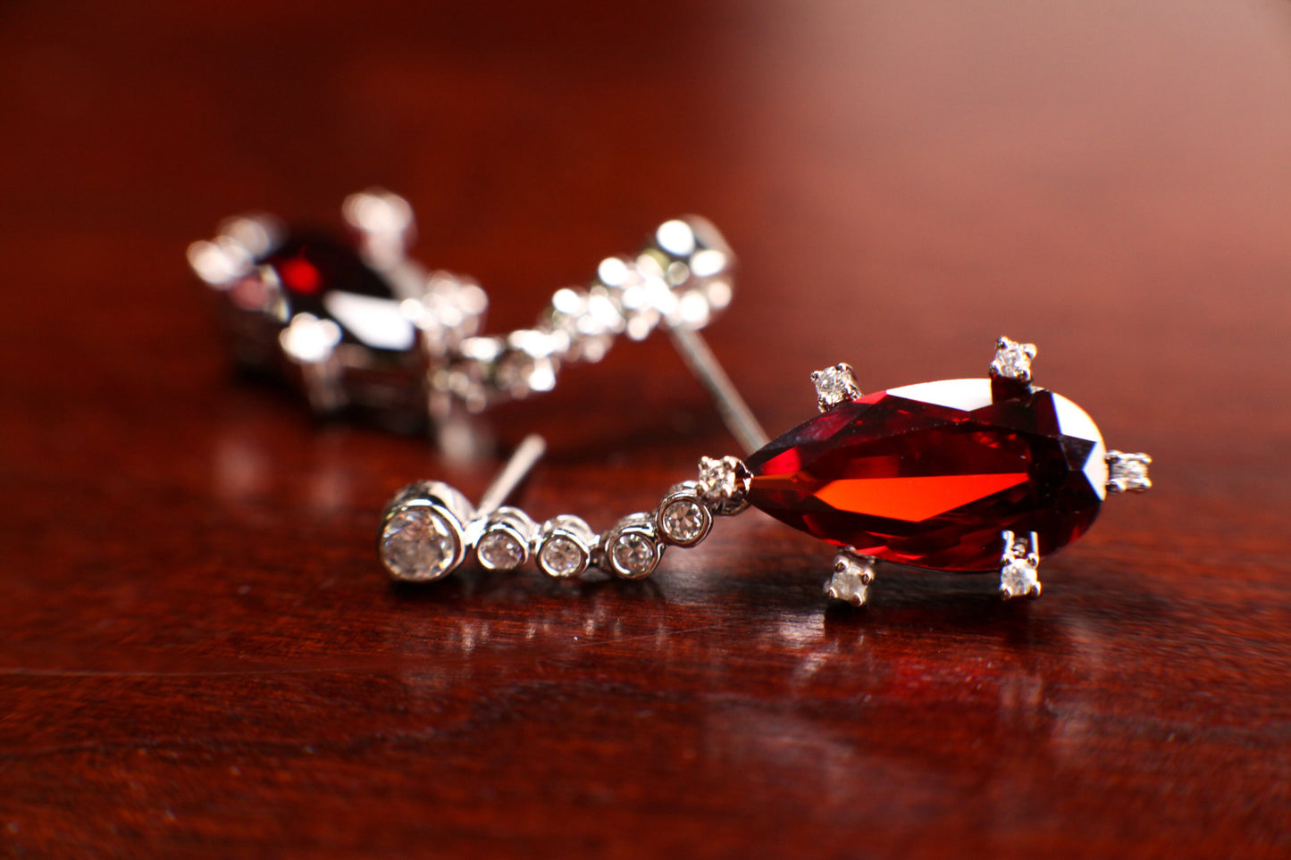 Genuine Garnet Merlot Red Long Teardrop 10x19mm prong setting with Cubic Zirconia Post Earrings, Bridal, Boho, valentines Holiday Gift,