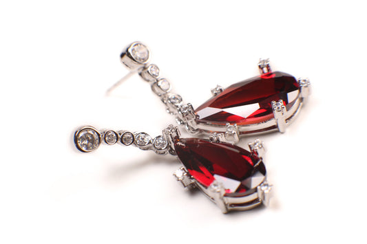 Genuine Garnet Merlot Red 925 sterling silver Teardrop 10x19mm prong CZ diamond around Post Earrings,Bridal, valentines Holiday Gift,