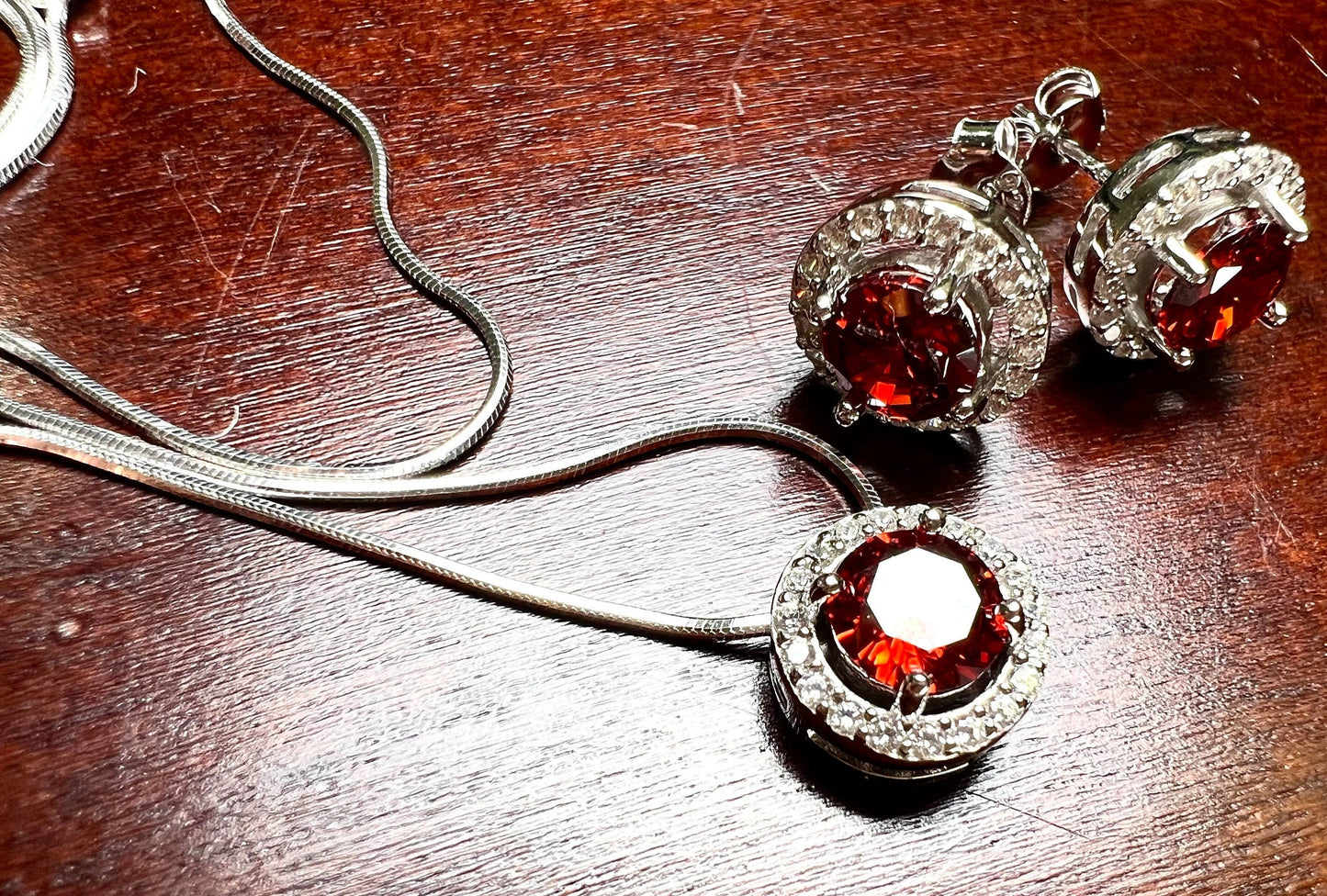 Genuine Garnet with CZ Round diamond setting 925 sterling silver post earrings and pendant jewelry set