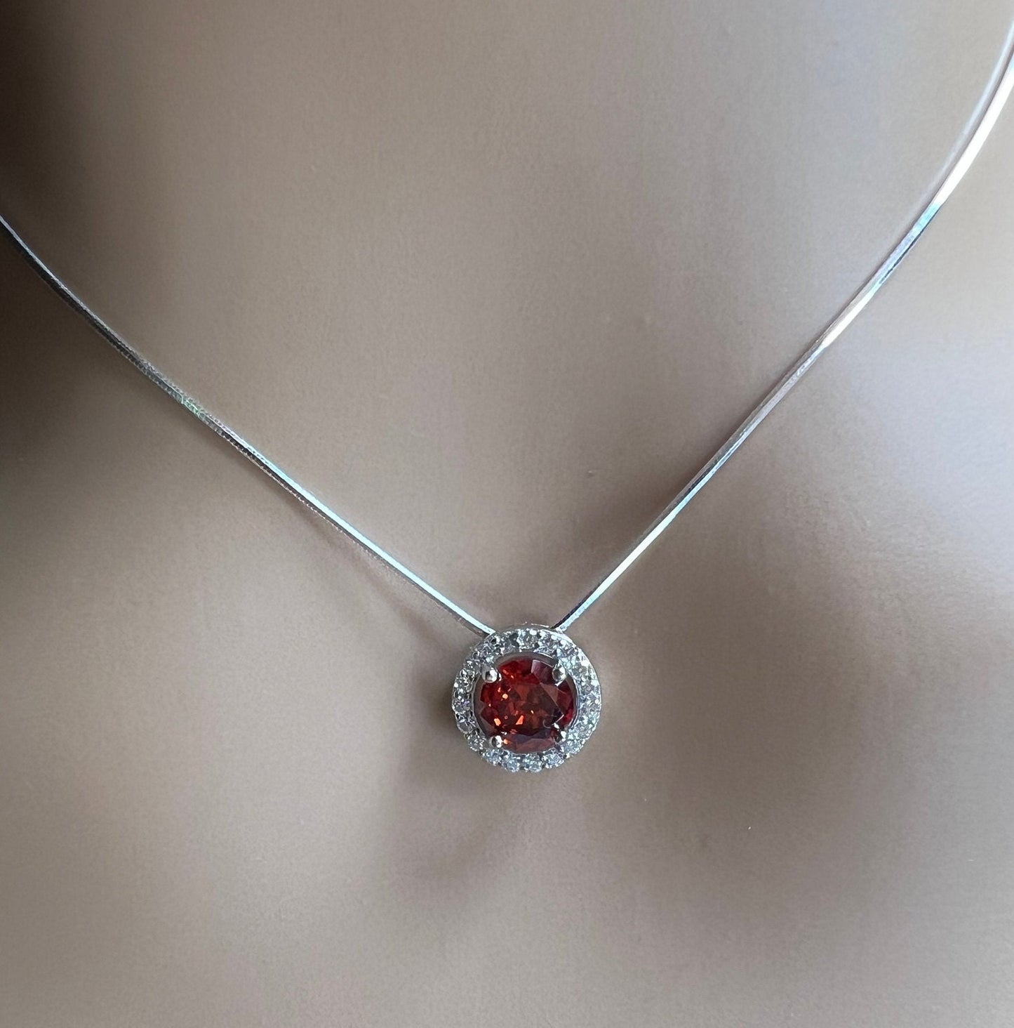 Genuine Garnet with CZ Round Diamond setting 925 Sterling Silver post earrings and pendant jewelry set