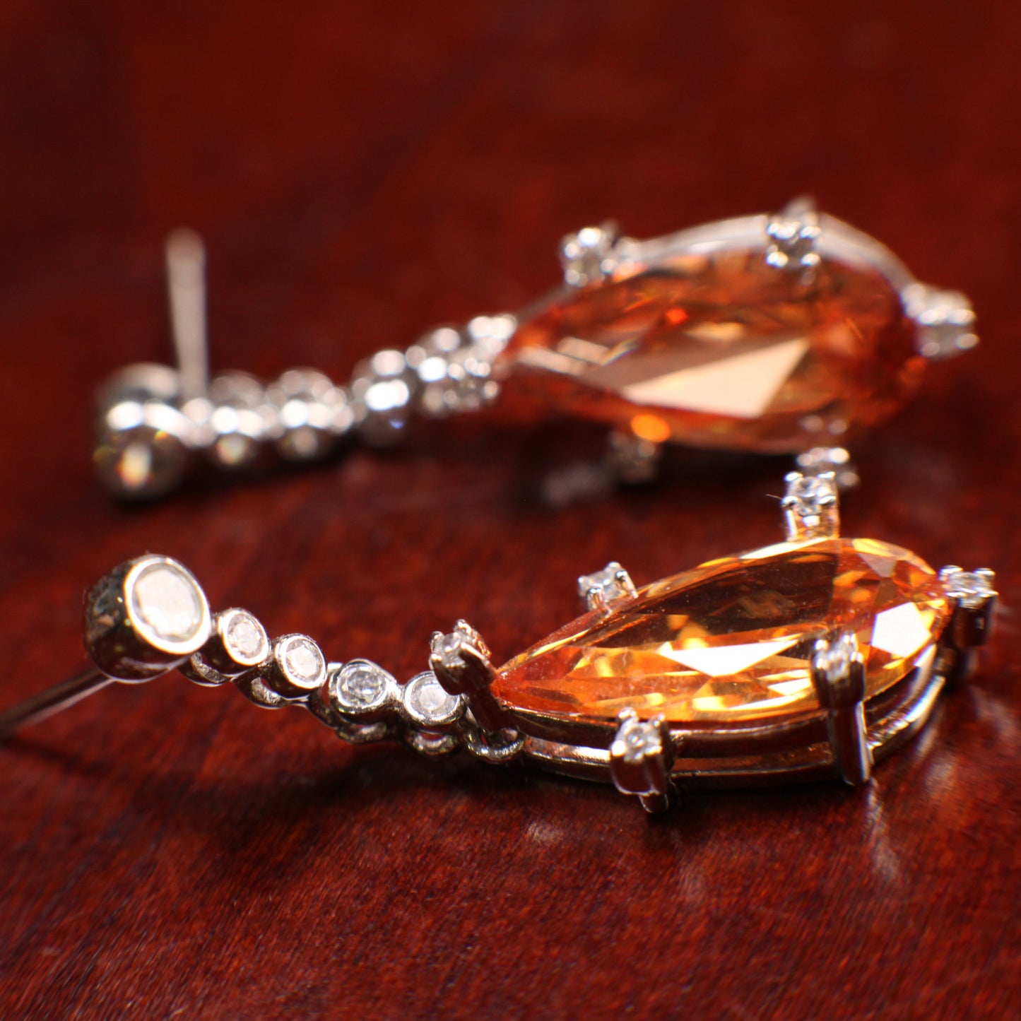 Genuine Orange Imperial Topaz Long Teardrop 10x19mm prong setting with Cubic Zirconia Post Earrings, Bridal, Boho, valentines Holiday Gift,