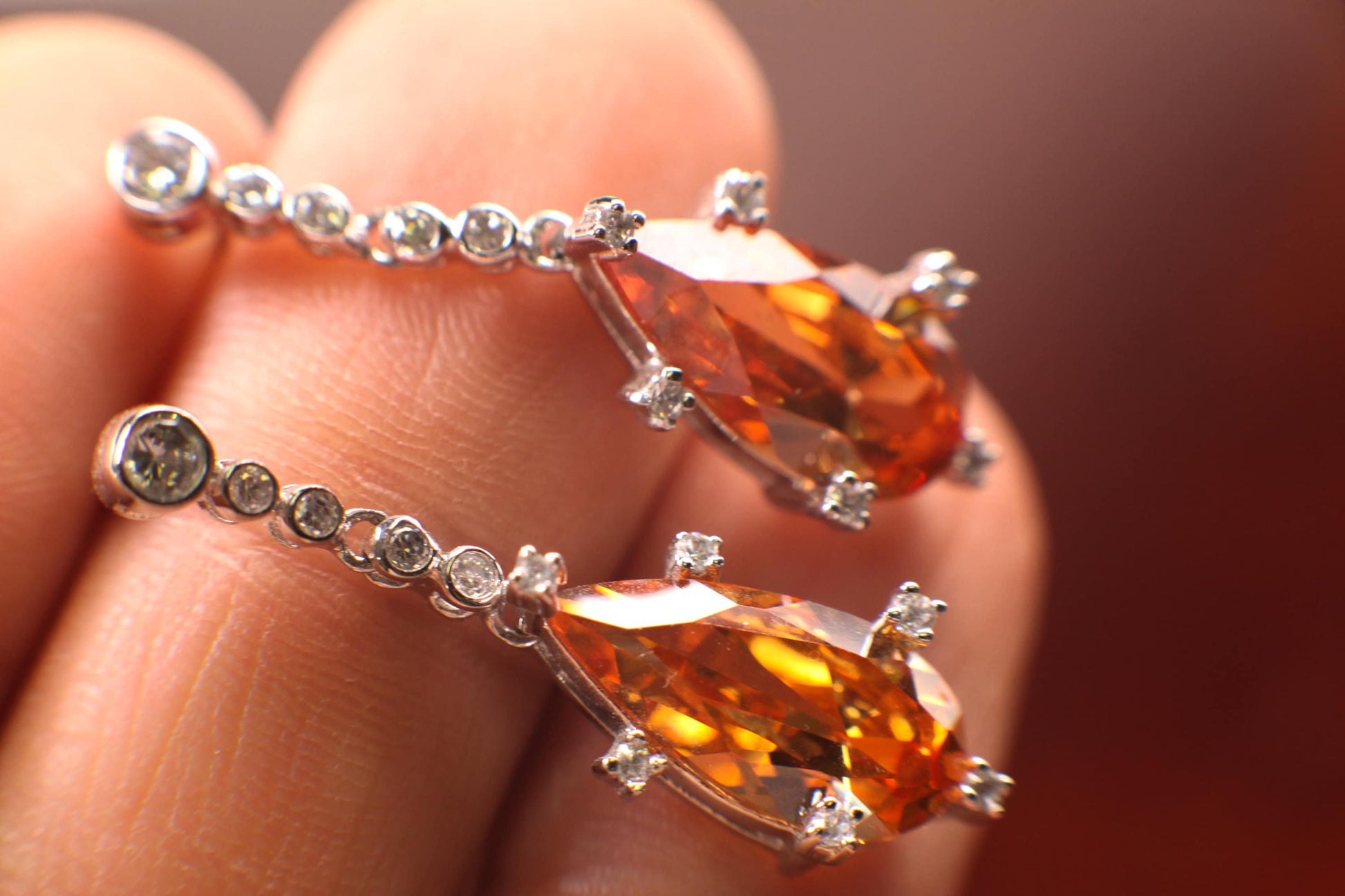 Genuine Orange Imperial Topaz Long Teardrop 10x19mm prong setting with Cubic Zirconia Post Earrings, Bridal, Boho, valentines Holiday Gift,