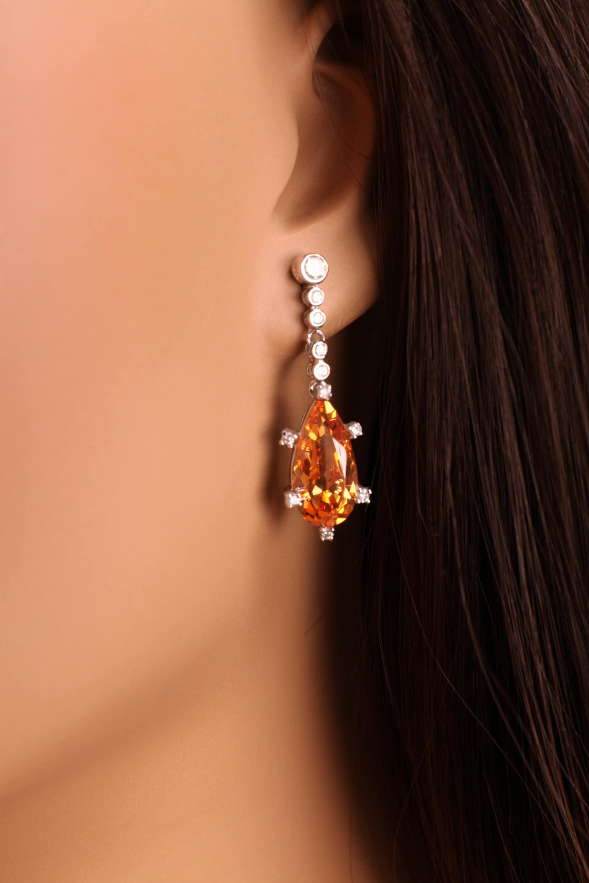 Genuine Orange Imperial Topaz Long Teardrop 10x19mm prong setting with Cubic Zirconia Post Earrings, Bridal, Boho, valentines Holiday Gift,