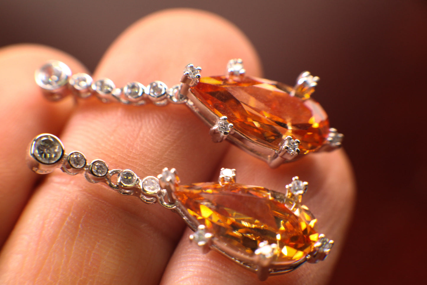 Genuine Orange Imperial Topaz Long Teardrop 10x19mm prong setting with Cubic Zirconia Post Earrings, Bridal, Boho, valentines Holiday Gift,