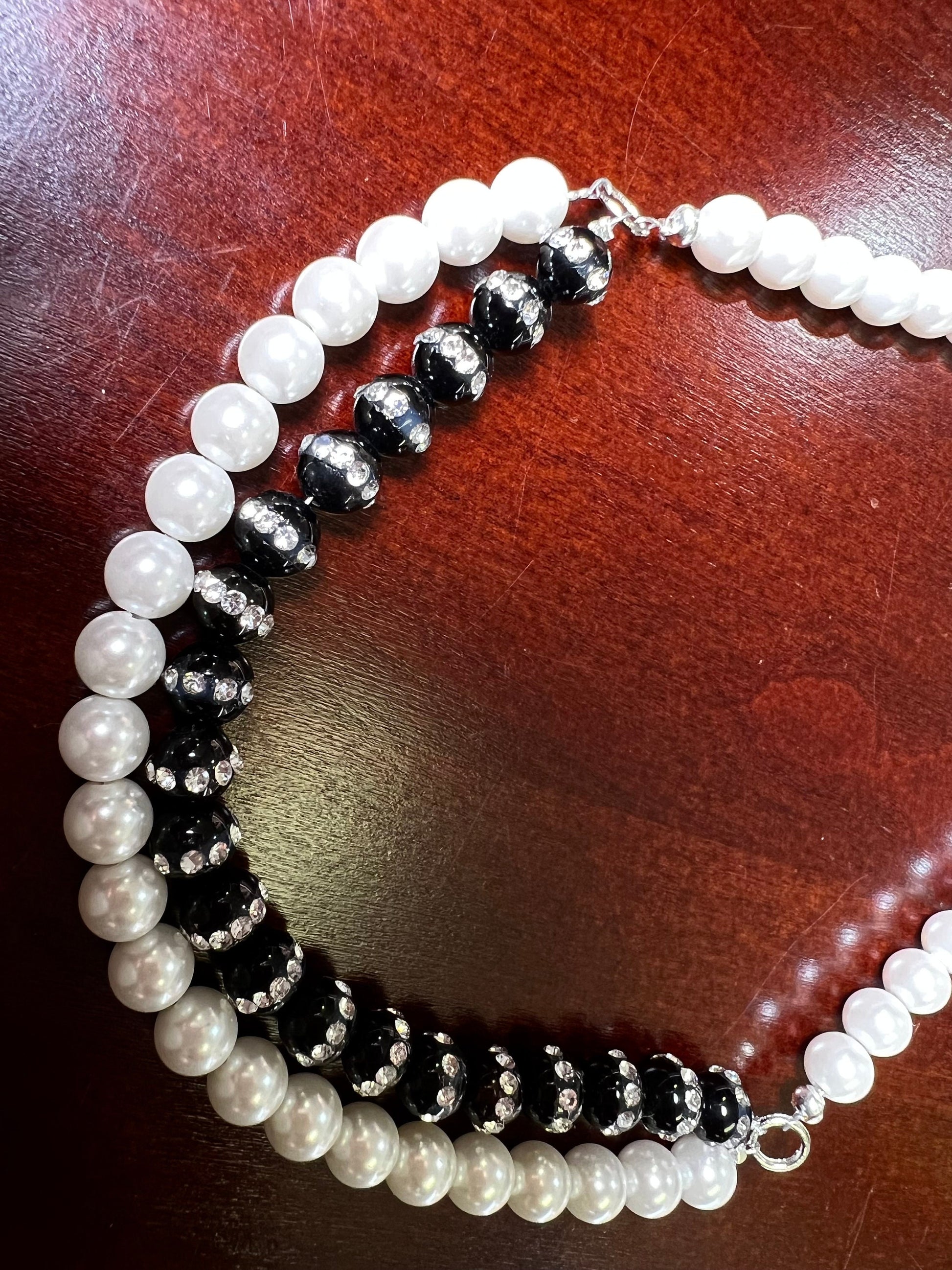 Genuine Black Onyx 6mm Rhinestone Inlaid, South Sea Seashell Pearl 6mm White double line front necklace. Elegant Gift for Her