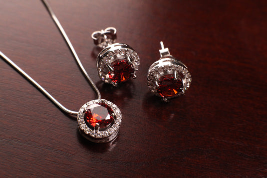 Genuine Garnet with CZ Round Diamond setting 925 Sterling Silver post earrings and pendant jewelry set
