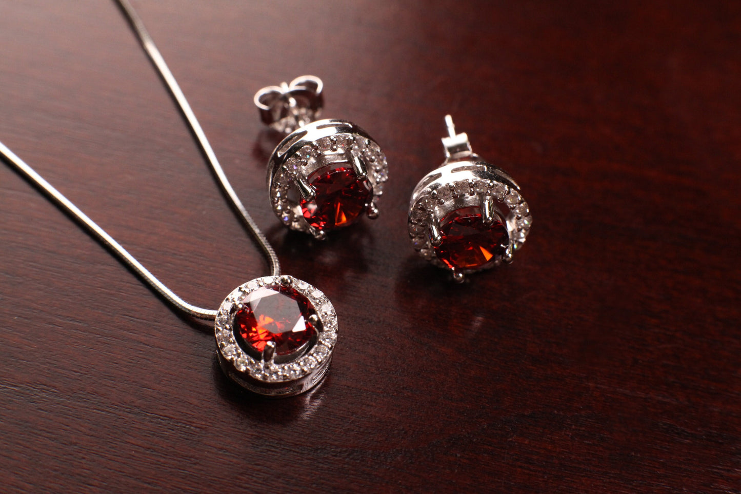 Genuine Garnet with CZ Round diamond setting 925 sterling silver post earrings and pendant jewelry set