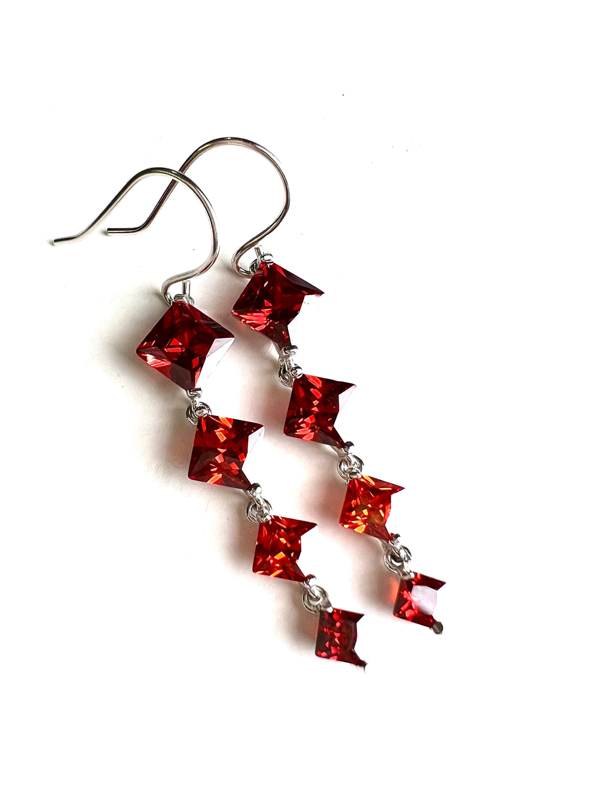 Genuine Garnet Merlot Red Long Square drop dangling Earrings, Bridal, Boho, valentines Holiday Gift, 1.5” long