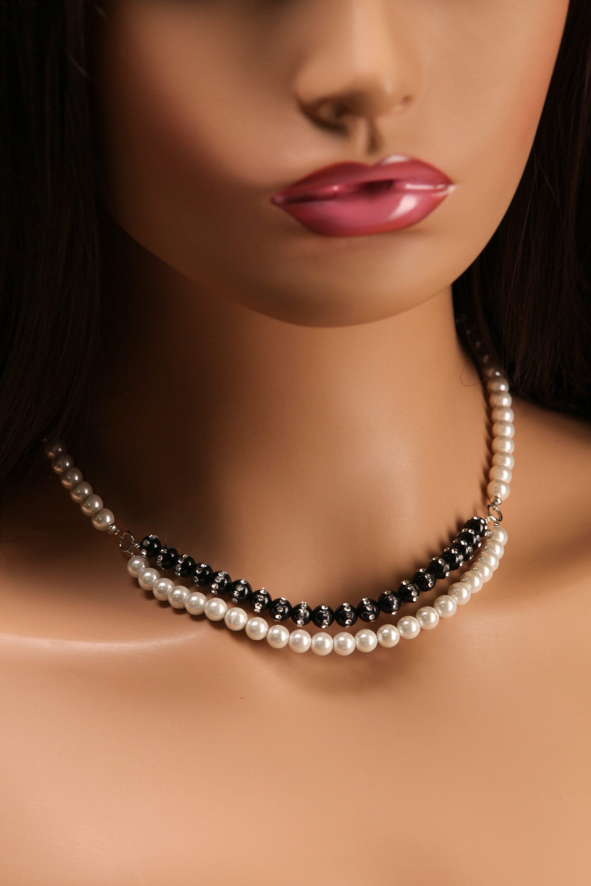 Genuine Black Onyx 6mm Rhinestone Inlaid, South Sea Seashell Pearl 6mm White double line front necklace. Elegant Gift for Her