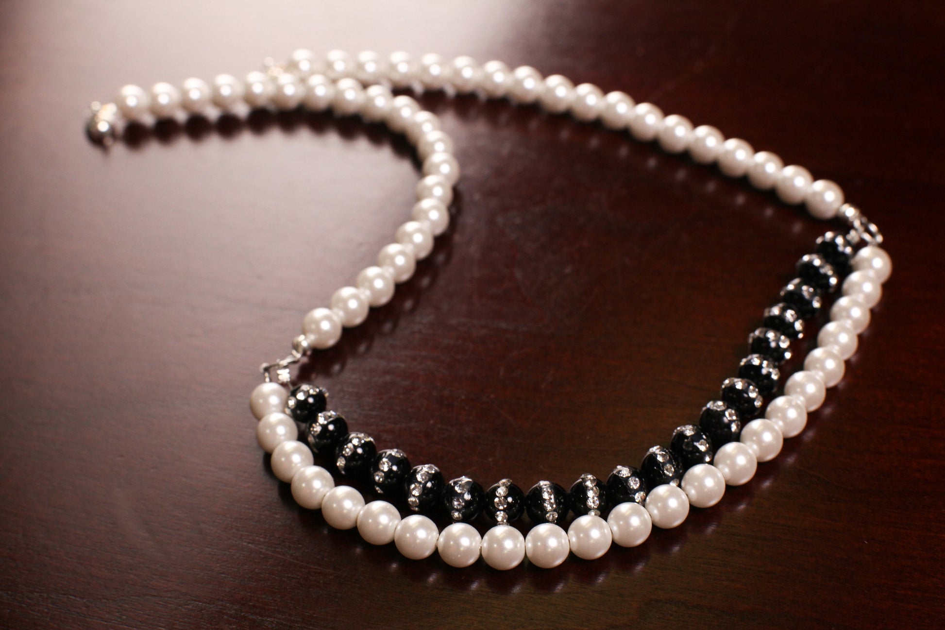 Genuine Black Onyx 6mm Rhinestone Inlaid, South Sea Seashell Pearl 6mm White double line front necklace. Elegant Gift for Her