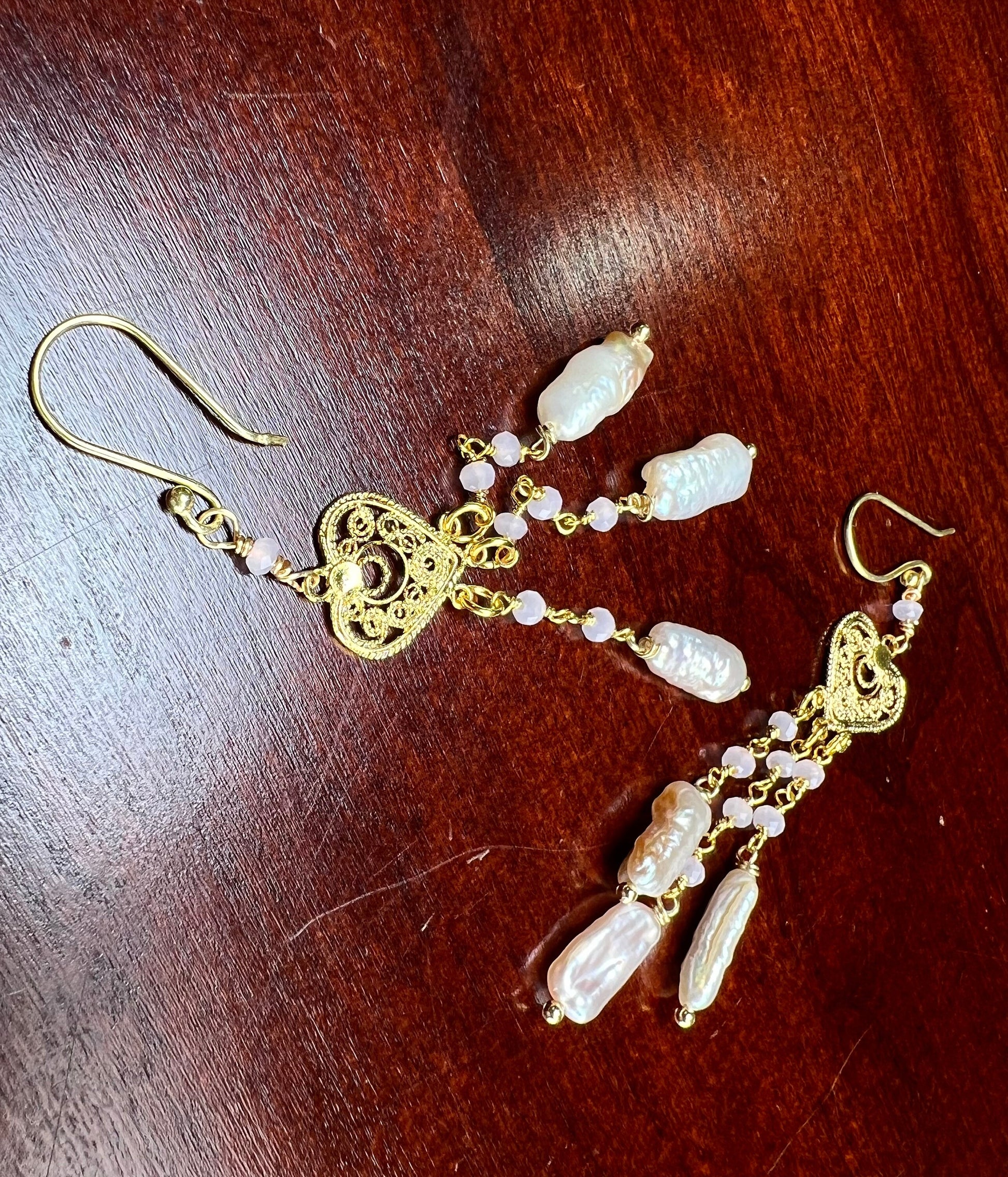 Freshwater Biwa stick pearl soft pink dangling with Rise Quartz beaded heart shape chandelier 18k gold vermeil earrings.