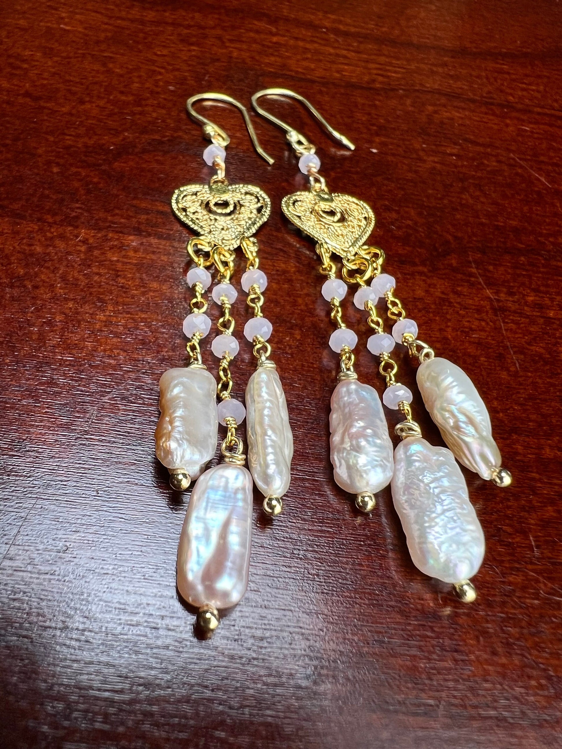 Freshwater Biwa stick pearl soft pink dangling with Rise Quartz beaded heart shape chandelier 18k gold vermeil earrings.