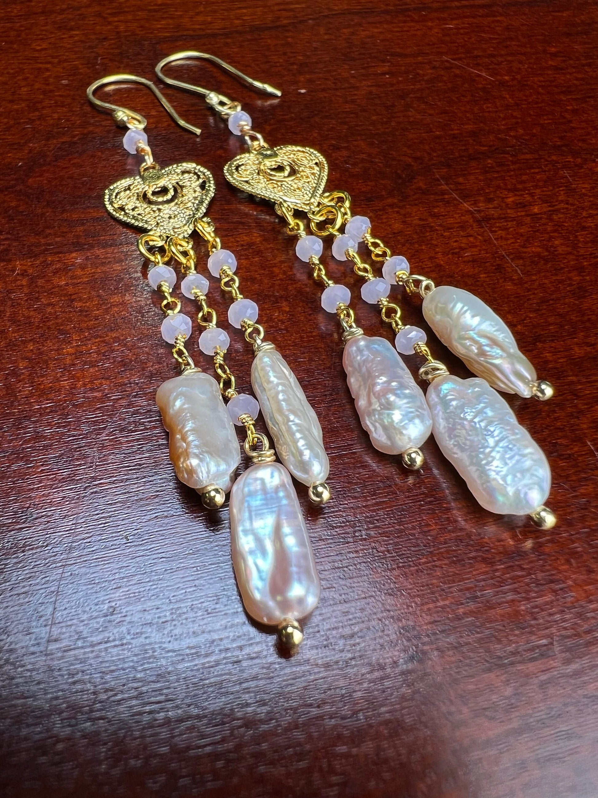 Freshwater Biwa stick pearl soft pink dangling with Rise Quartz beaded heart shape chandelier 18k gold vermeil earrings.