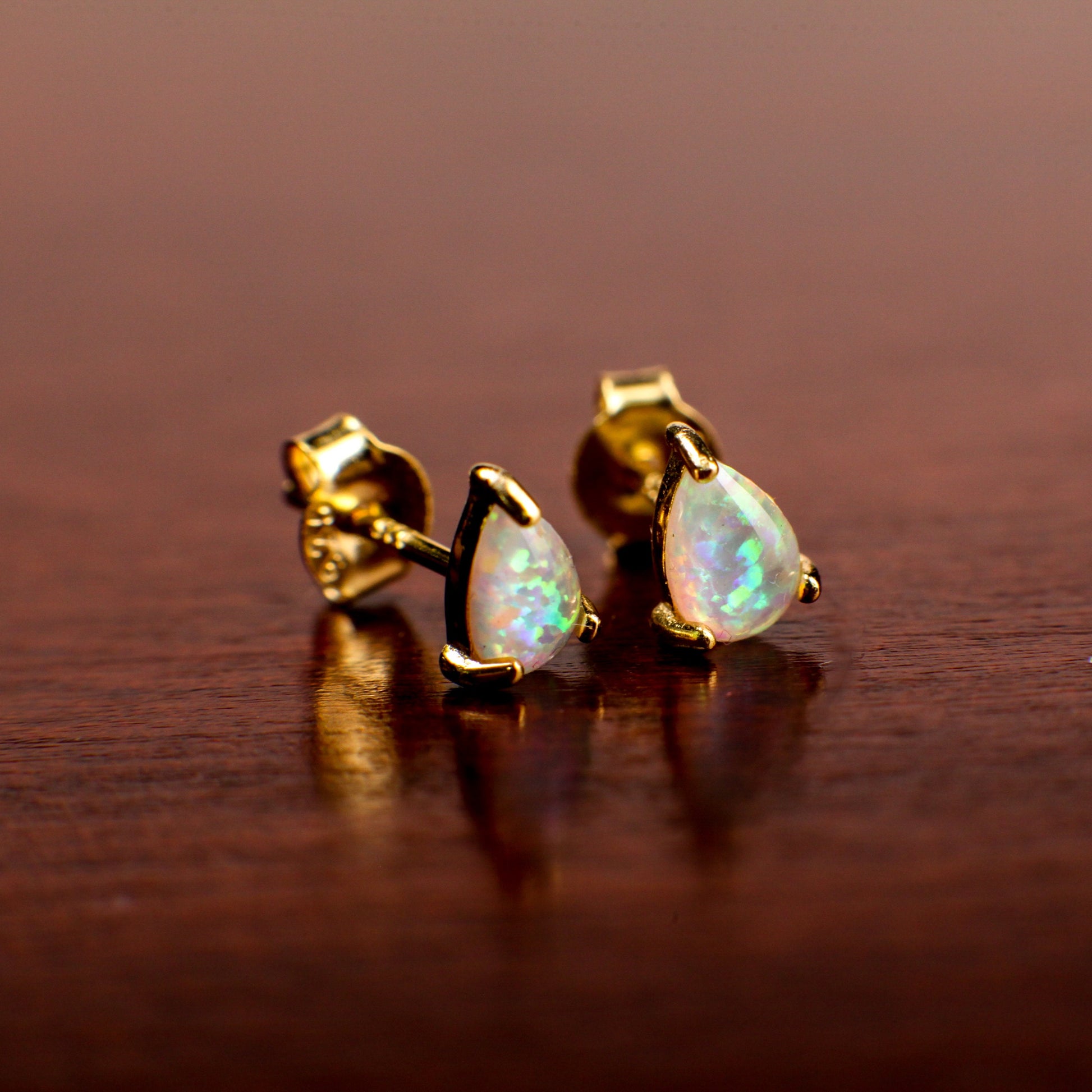 Ethiopian Fire Opal, Welo Opal, 5x7mm Teardrop Stud Earrings in 18k Gold Vermeil, AAA Quality Fiery Welo Opal Dainty Elegant Earrings