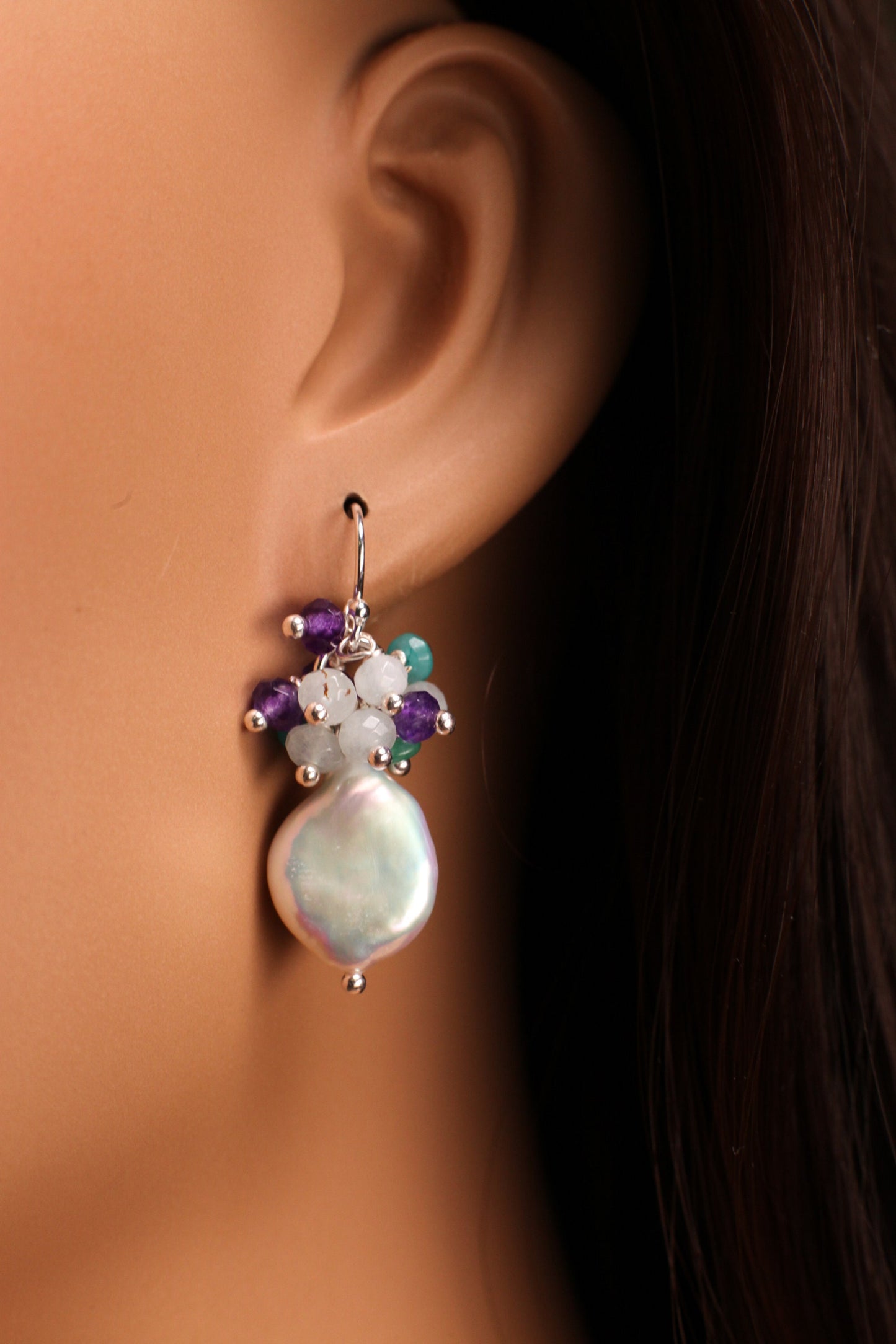 Freshwater Coin Pearl earring 12-13mm cluster with Apatite, Aquamarine, Amethyst wire wrapped 925 sterling silver earrings