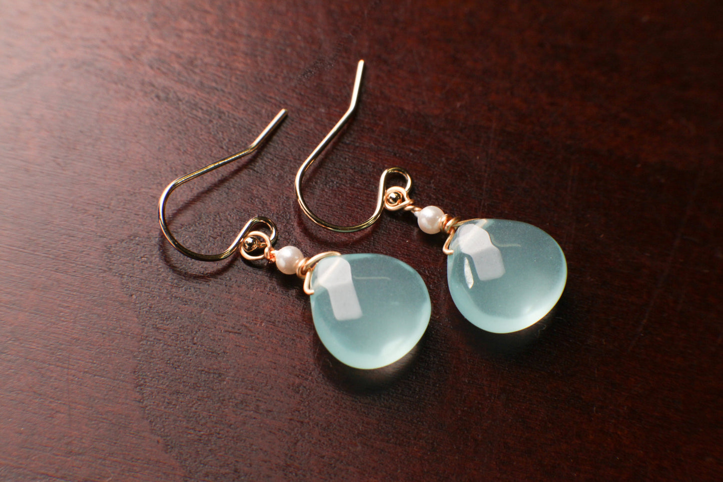 Chalcedony Faceted 11-12mm Heart Shape Teardrop Wire Wrapped with Freshwater Pearl in 14K Gold Filled Earwire,or Leverback Earrings gift