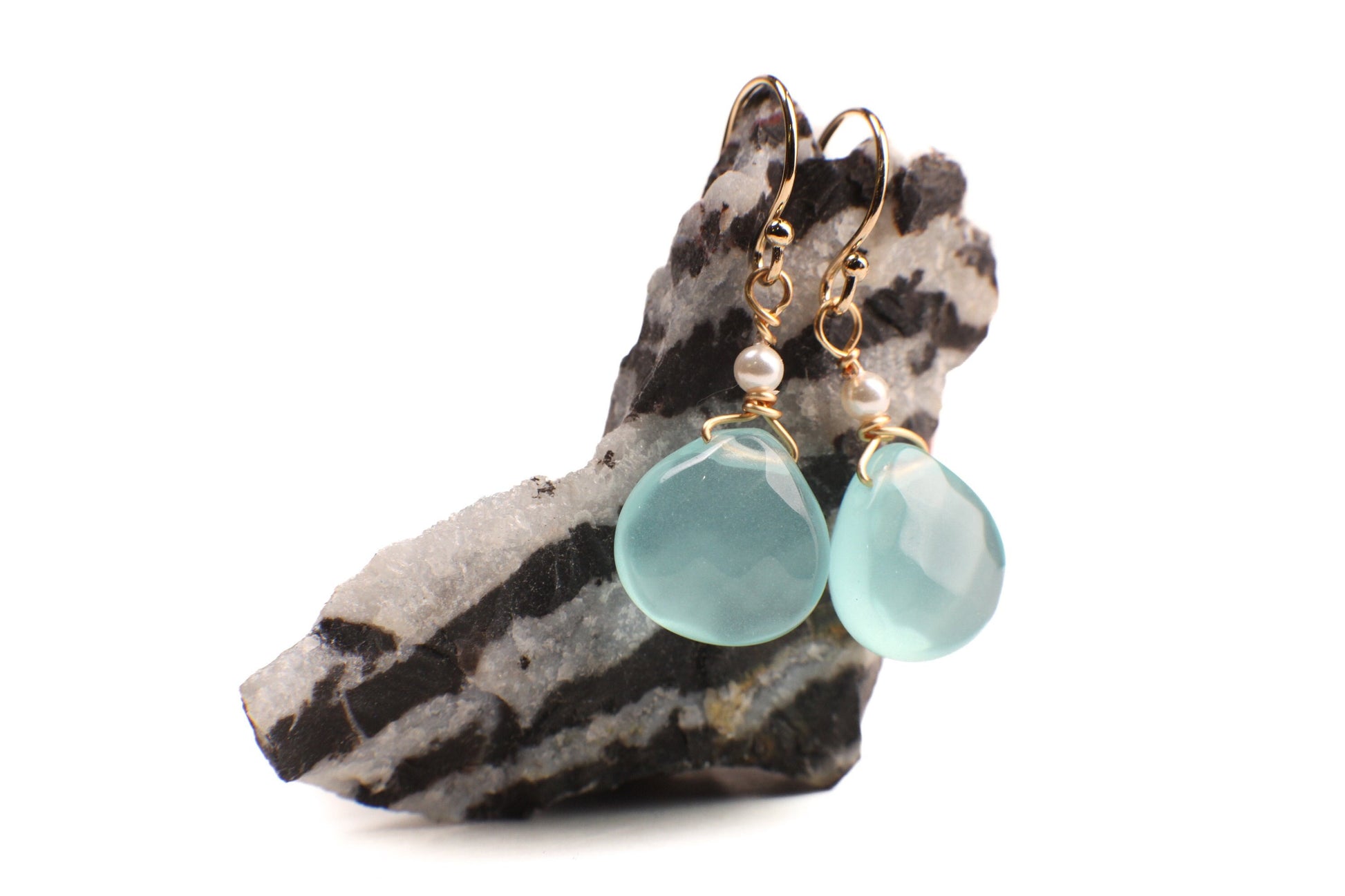 Chalcedony 11-12mm Heart Shape Teardrop Wire Wrapped with Freshwater Pearl in 925 Sterling Silver, 14K Gold Filled Earwire,or Leverback