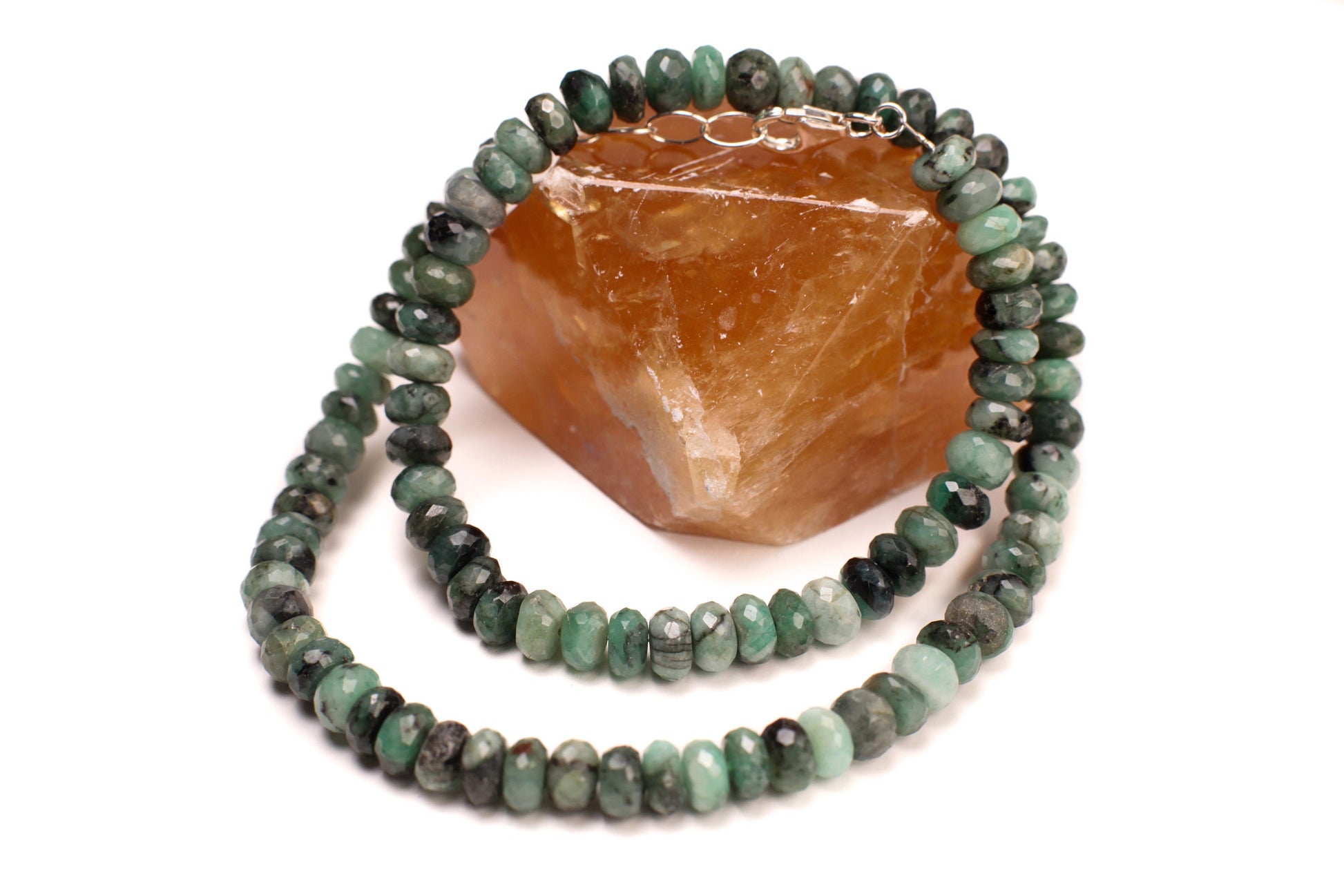 Natural Emerald Ombre 6-7mm Faceted Rondelle with 925 Sterling Silver Necklace, Energy Chakra Yoga Gift.