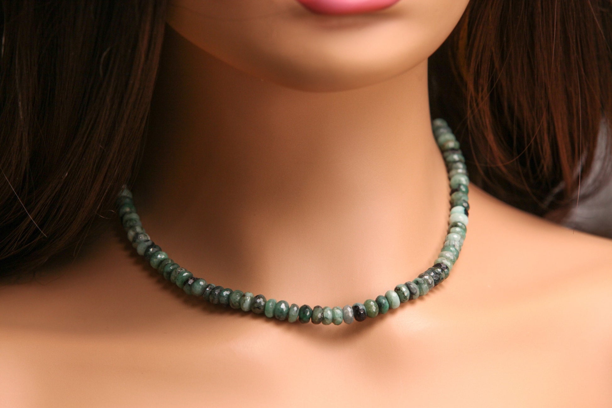 Natural Emerald Ombre 6-7mm Faceted Rondelle with 925 Sterling Silver Necklace, Energy Chakra Yoga Gift.