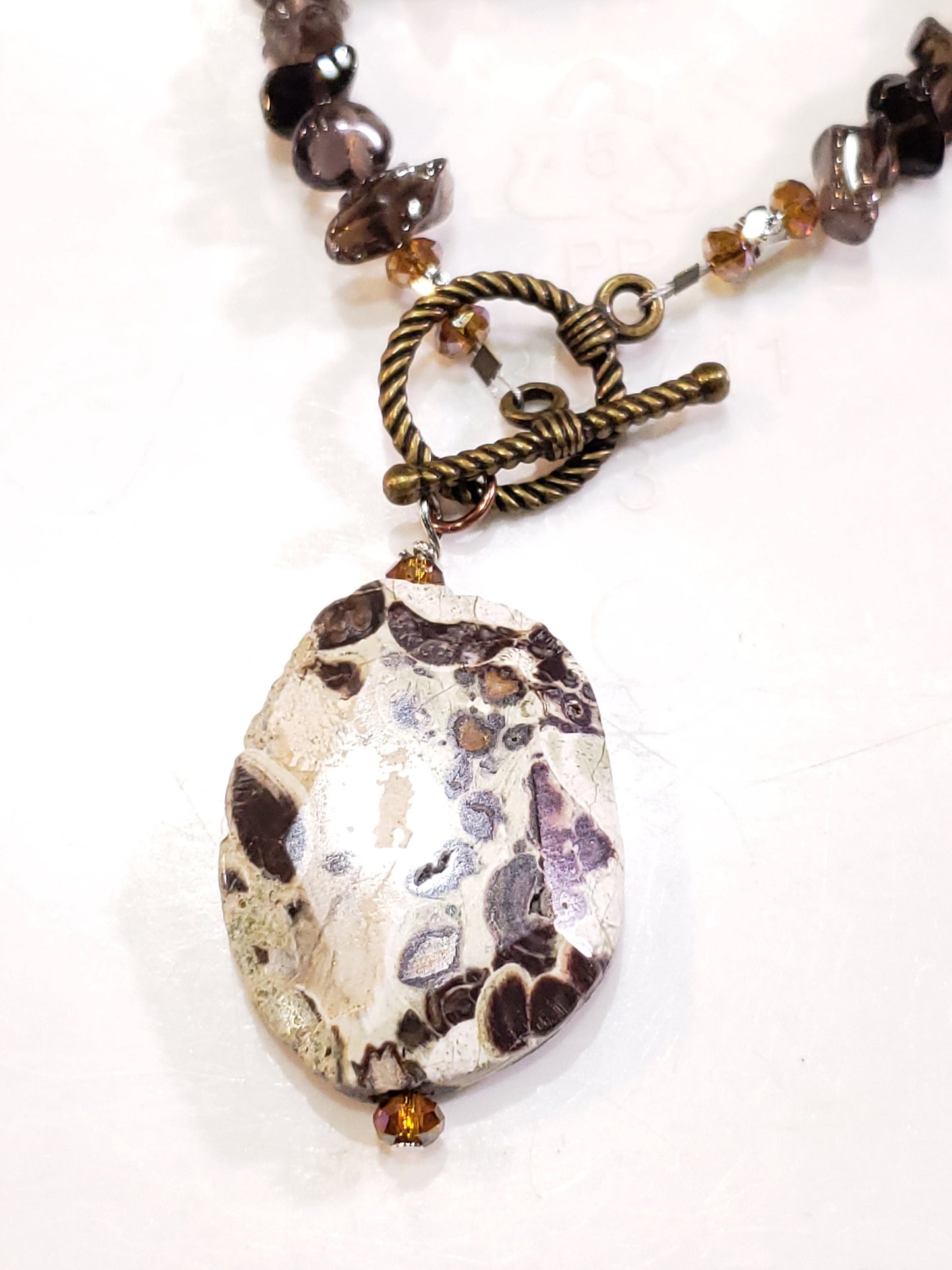 Ocean Jasper 25x35mm Large Faceted pendant ,Smokey Quartz freedom nugget bronze Necklace Natural Gemstone Handmade Gift For Her