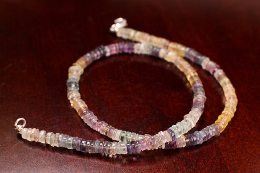 Natural Fluorite Heishi Roundel 4-5mm beautiful purple yellow shaded Necklace for Man and Woman in Silver Lobster clasp, Beach Gift