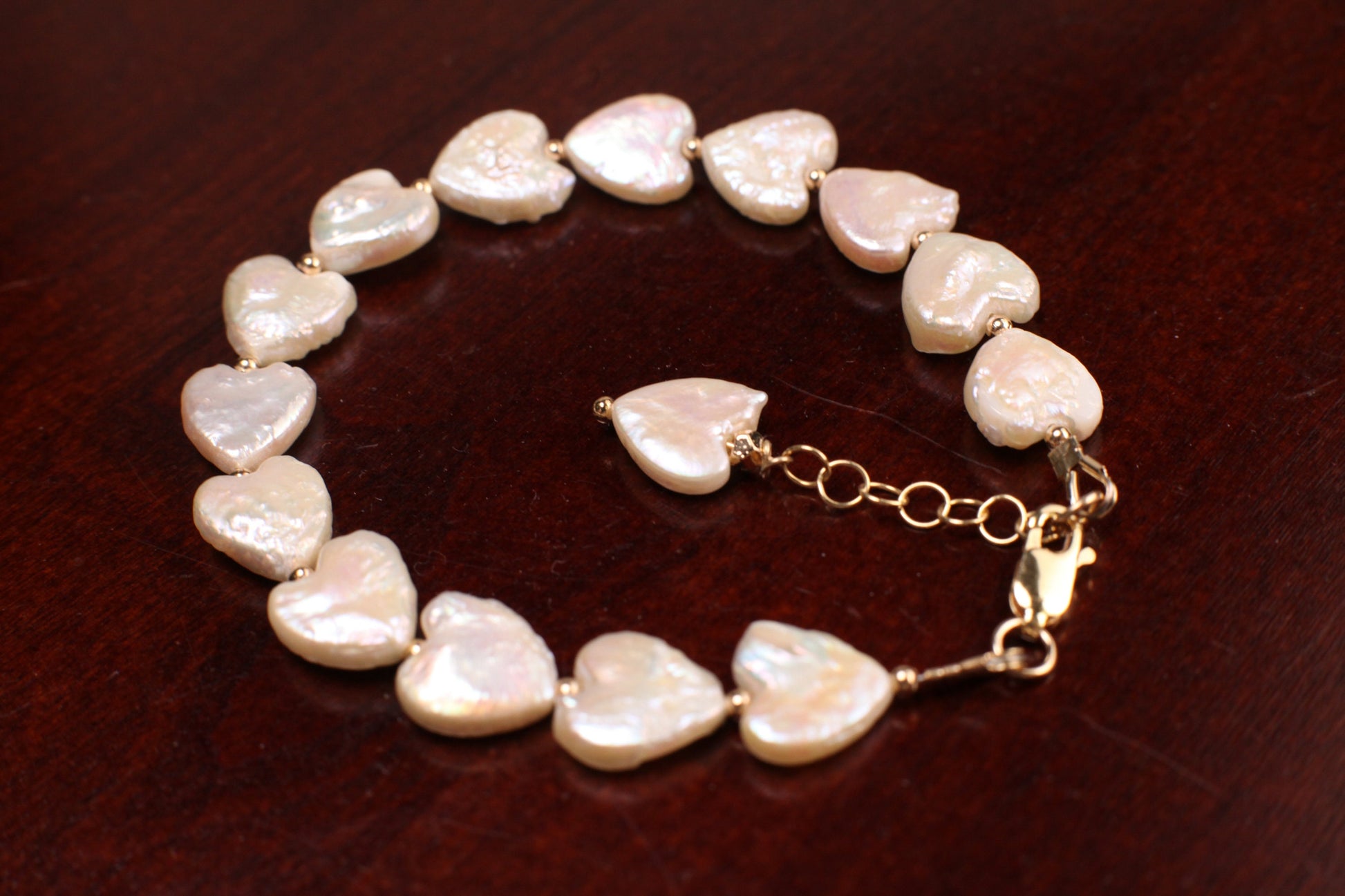 Genuine Freshwater Pearl Heart Shape 10-11mm Bracelet in 925 Sterling Silver or 14K Gold Filled Clasp and 1" Extension Chain