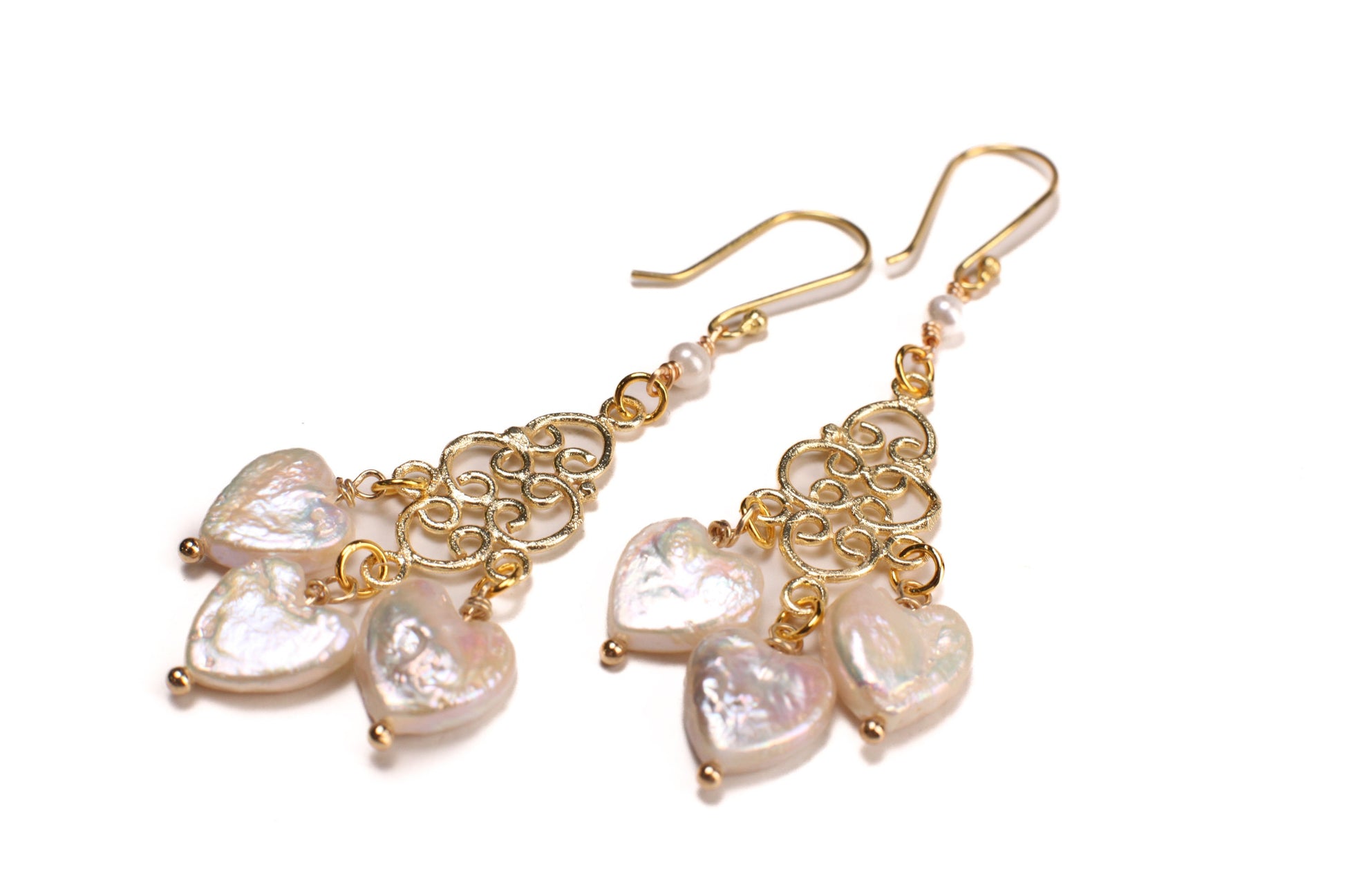 Freshwater Pearl 10-11mm Heart shape Pearl Dangling Chandelier Gold Over Sterling Silver Vermeil Hook Earwire,22k gold vermeil hook Earrings