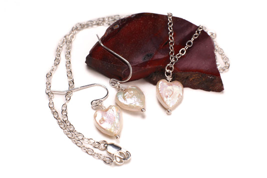 Natural Freshwater Heart shape Pearl White High Luster Pendant Necklace, Earrings Jewelry set in 925 Sterling Silver