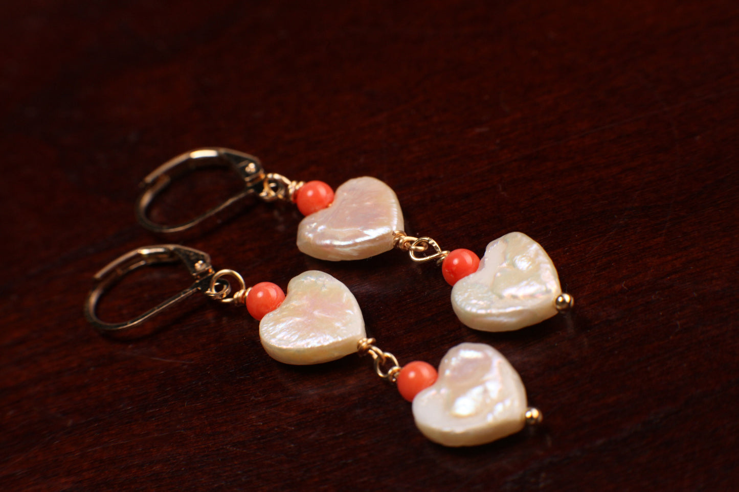 Freshwater Pearl 10-11mm Heart shape Pearl Dangling Bamboo Pink Coral Spacer Beads in 14K Gold Filled Leverback Earrings