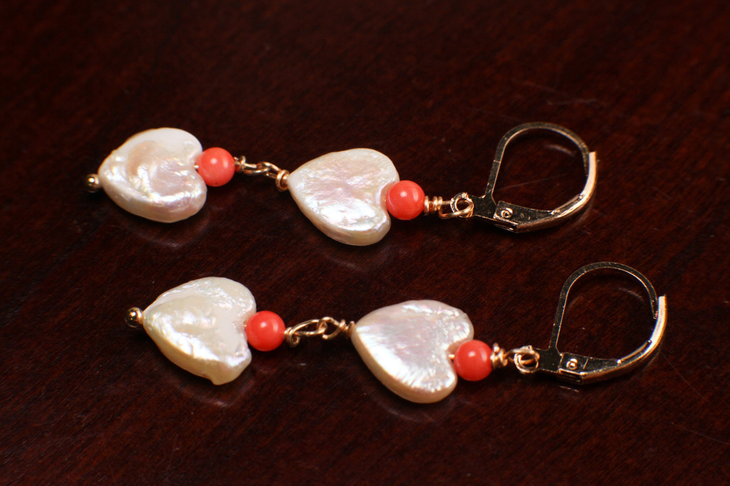 Freshwater Pearl 10-11mm Heart shape Pearl Dangling Bamboo Pink Coral Spacer Beads in 14K Gold Filled Leverback Earrings