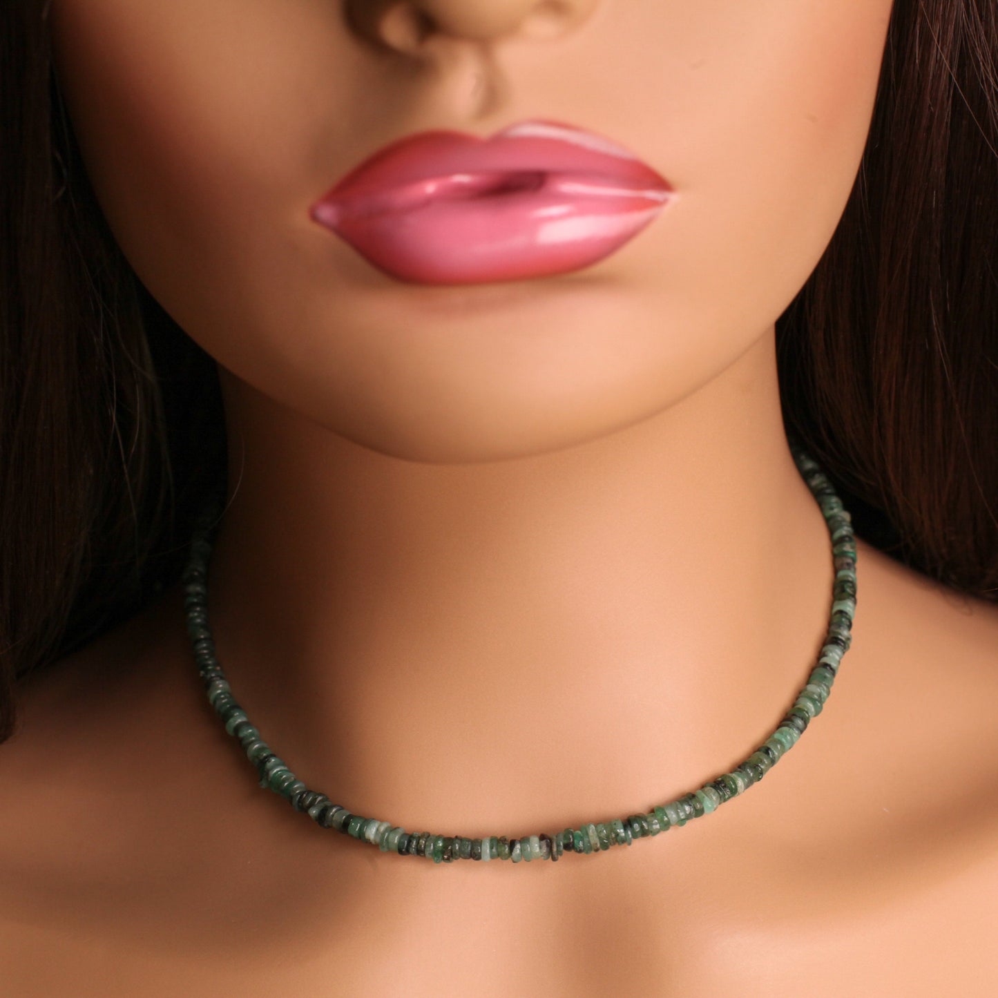 Natural Emerald 4mm Heishi Necklace Silver lobster clasp, May Birthstone, Men and Women gifts