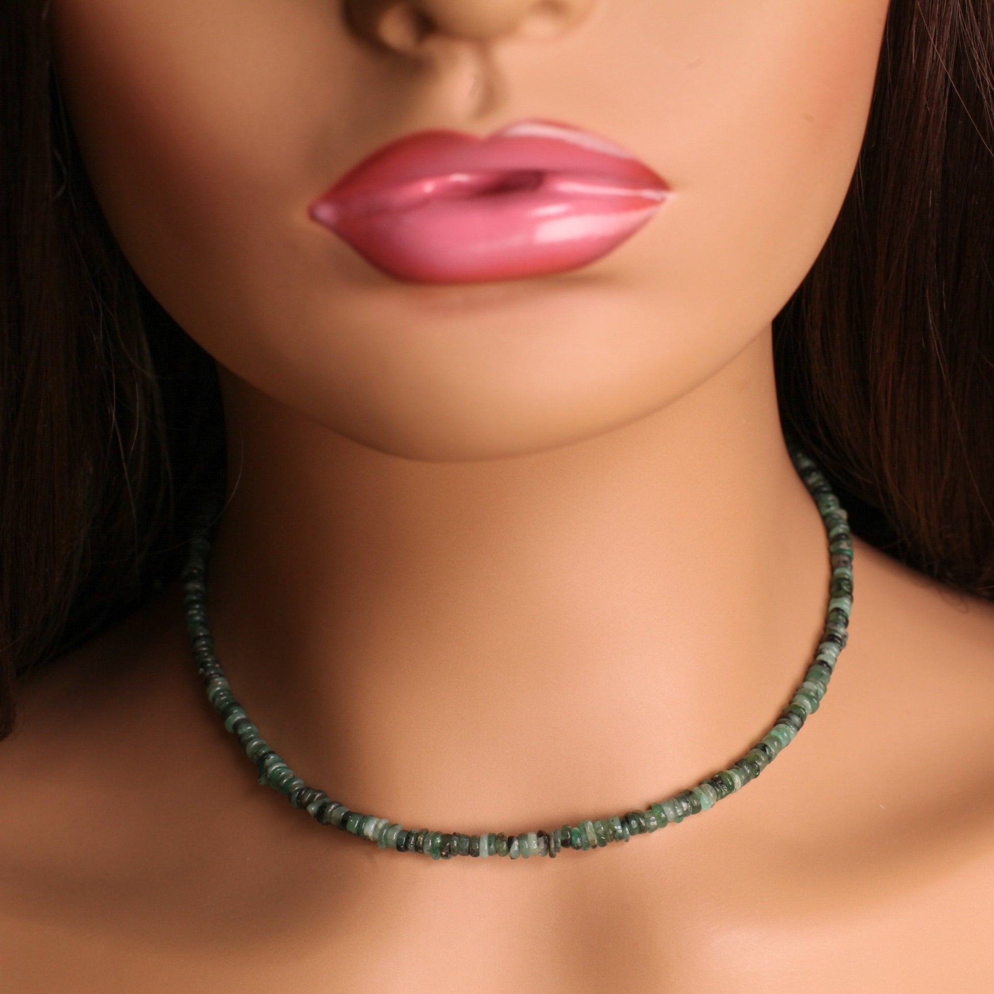 Natural Emerald 4mm Heishi Necklace Silver lobster clasp, May Birthstone, Men and Women gifts