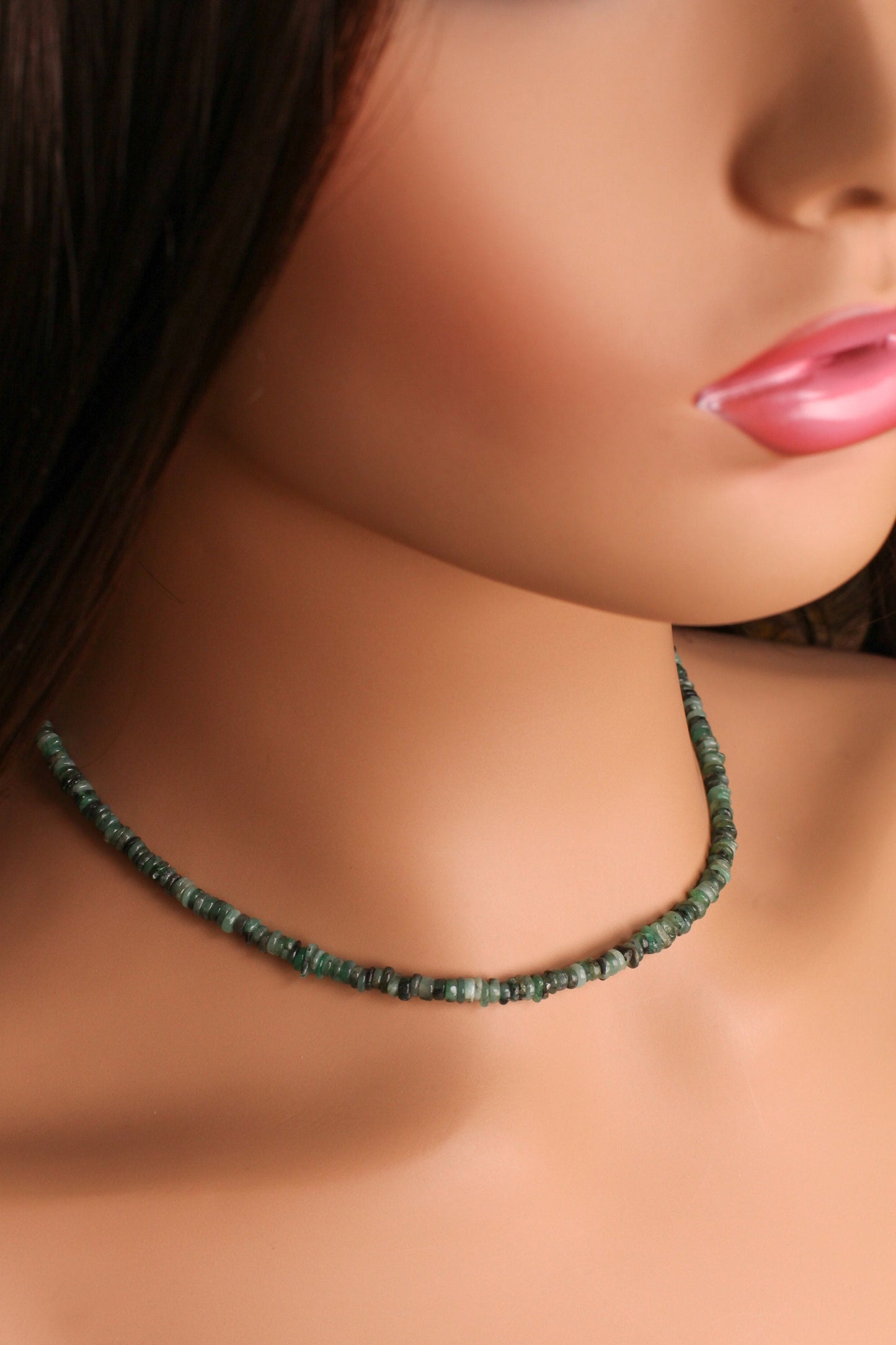 Natural Emerald 4mm Heishi Necklace Silver lobster clasp, May Birthstone, Men and Women gifts