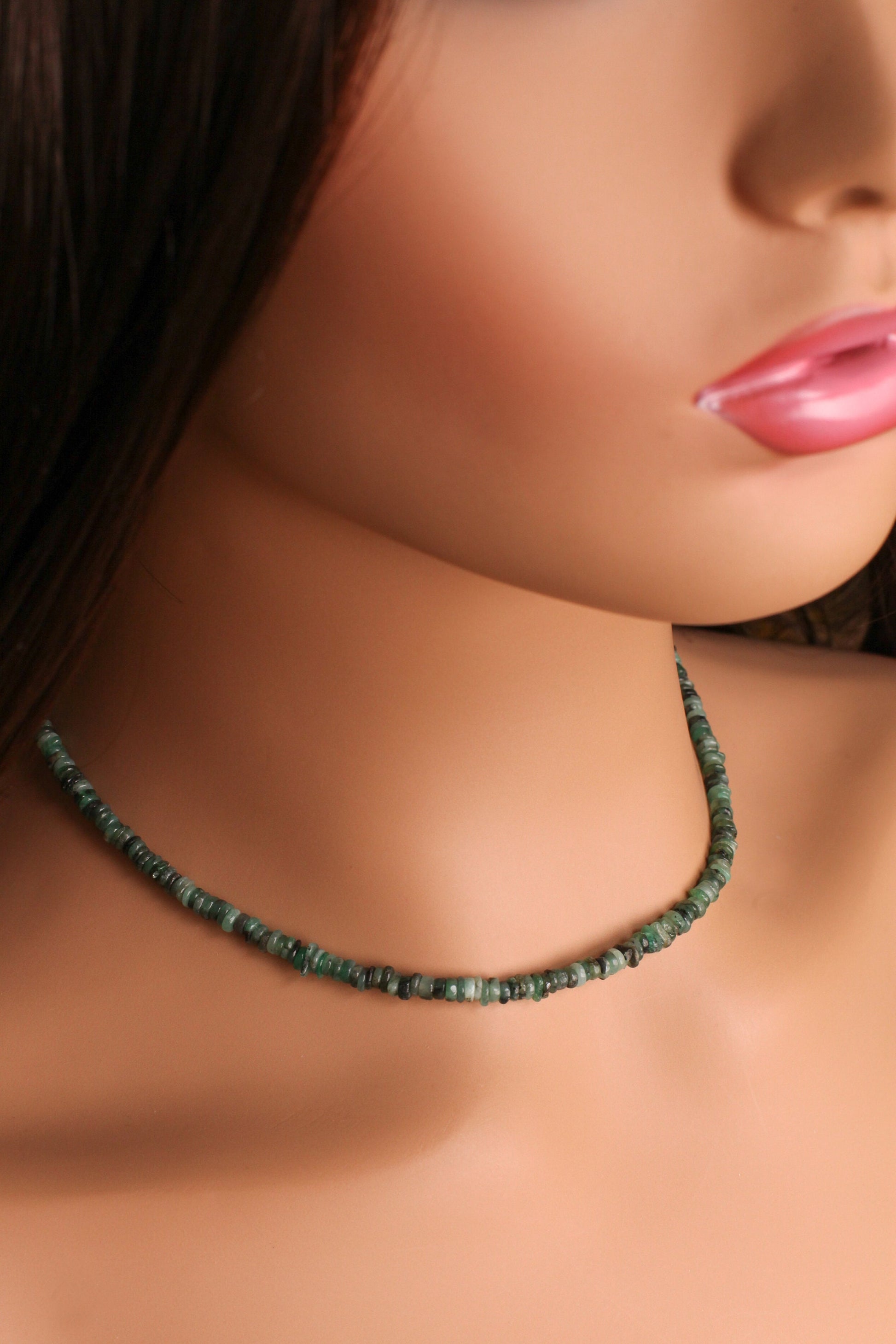 Natural Emerald 4mm Heishi Necklace Silver lobster clasp, May Birthstone, Men and Women gifts